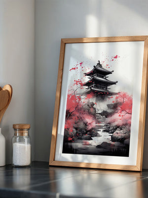 Pagode Aquarell Rote Blüten