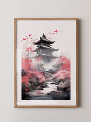 Pagode Aquarell Rote Blüten