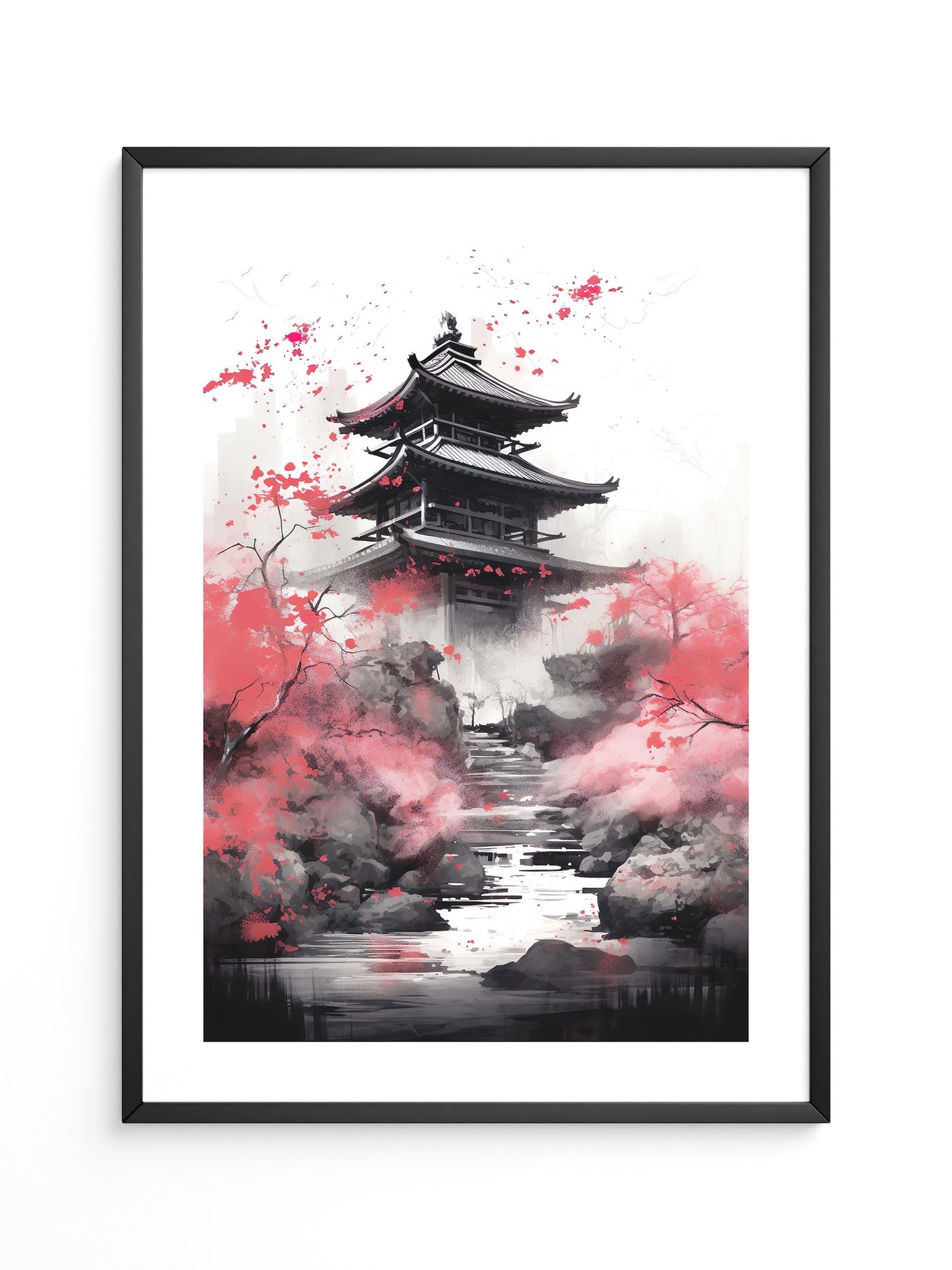 Pagode Aquarell Rote Blüten