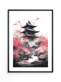 Pagode Aquarell Rote Blüten