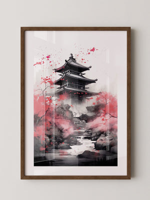 Pagode Aquarell Rote Blüten