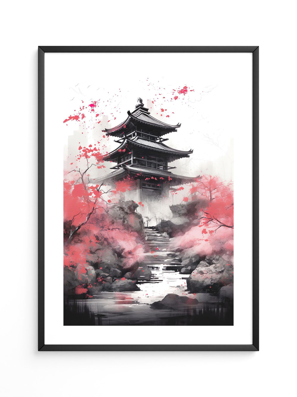 Pagode Aquarell Rote Blüten