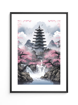 Pagode Kirschblüten Wasserfall