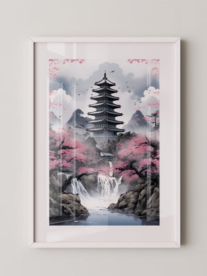 Pagode Kirschblüten Wasserfall