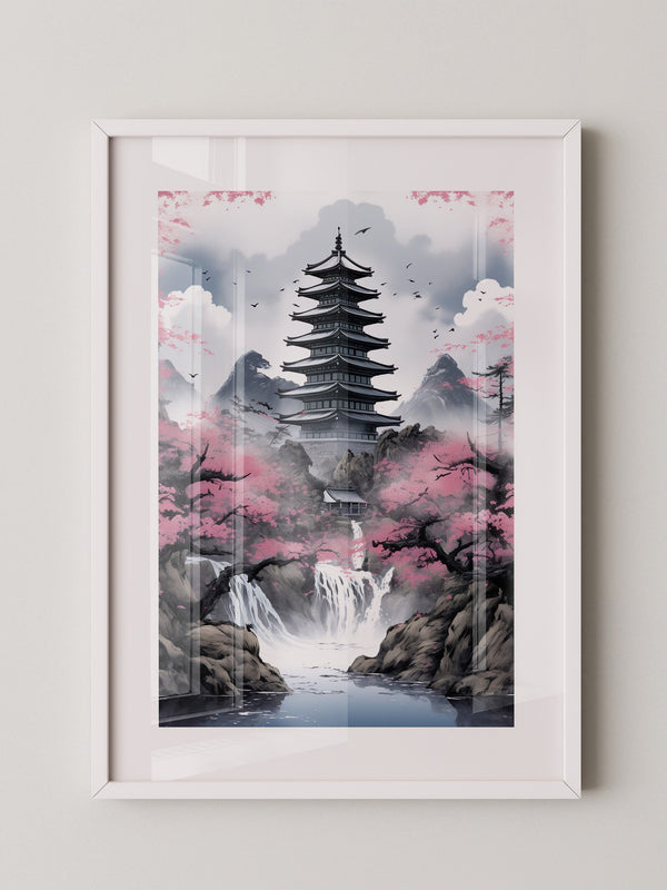 Pagode Kirschblüten Wasserfall