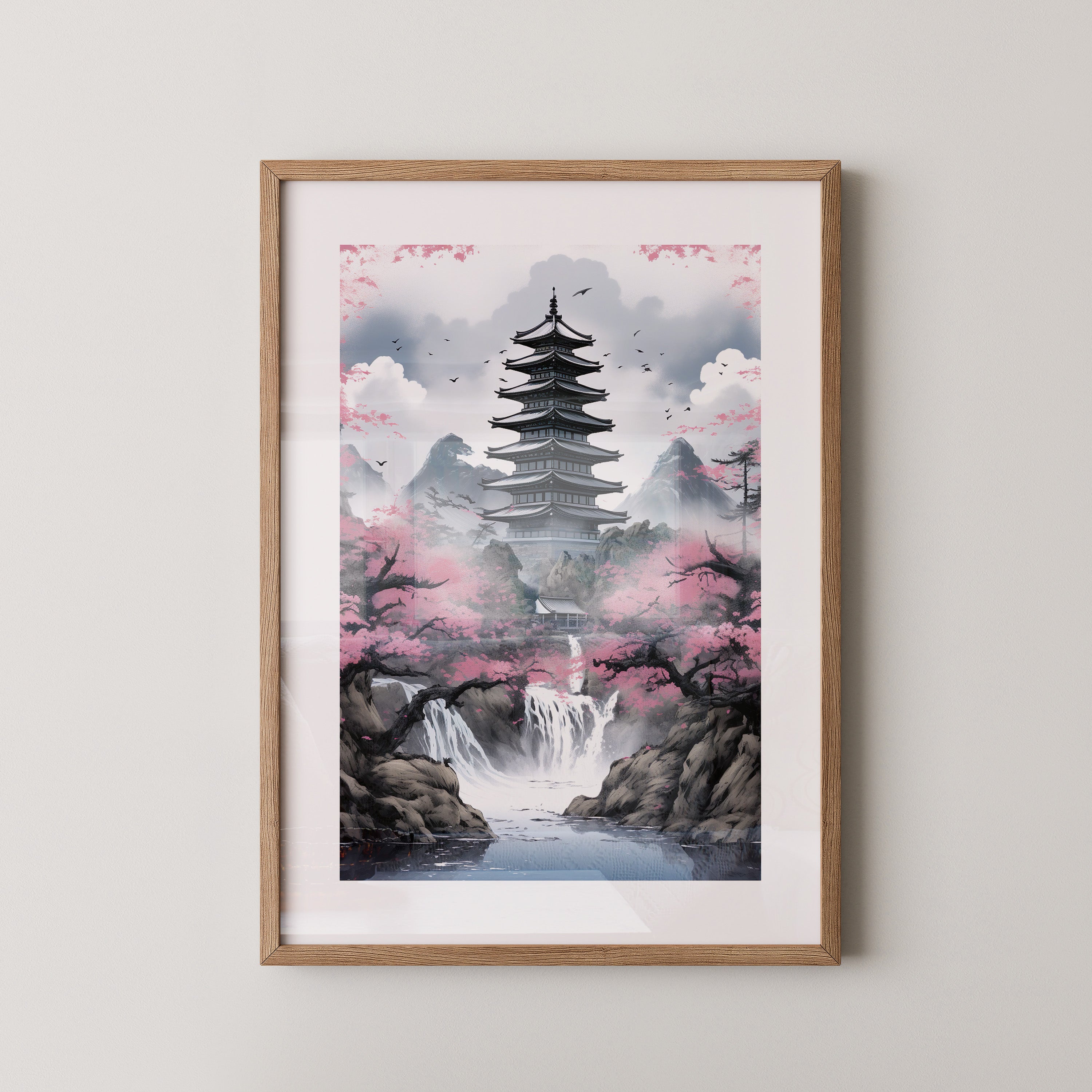 Pagode Kirschblüten Wasserfall