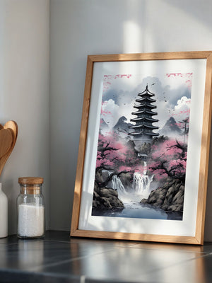 Pagode Kirschblüten Wasserfall