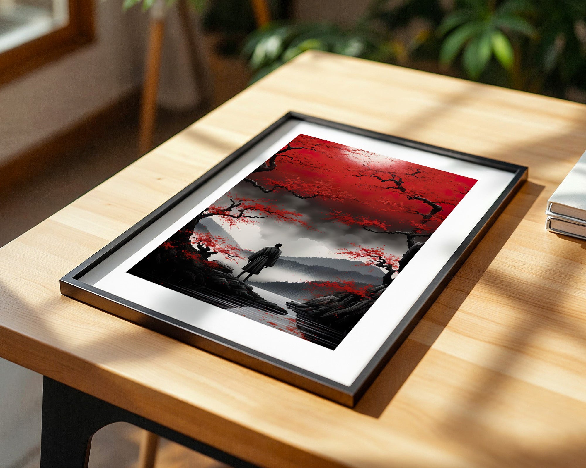 Rote Kirschblüten düsterer Nebel