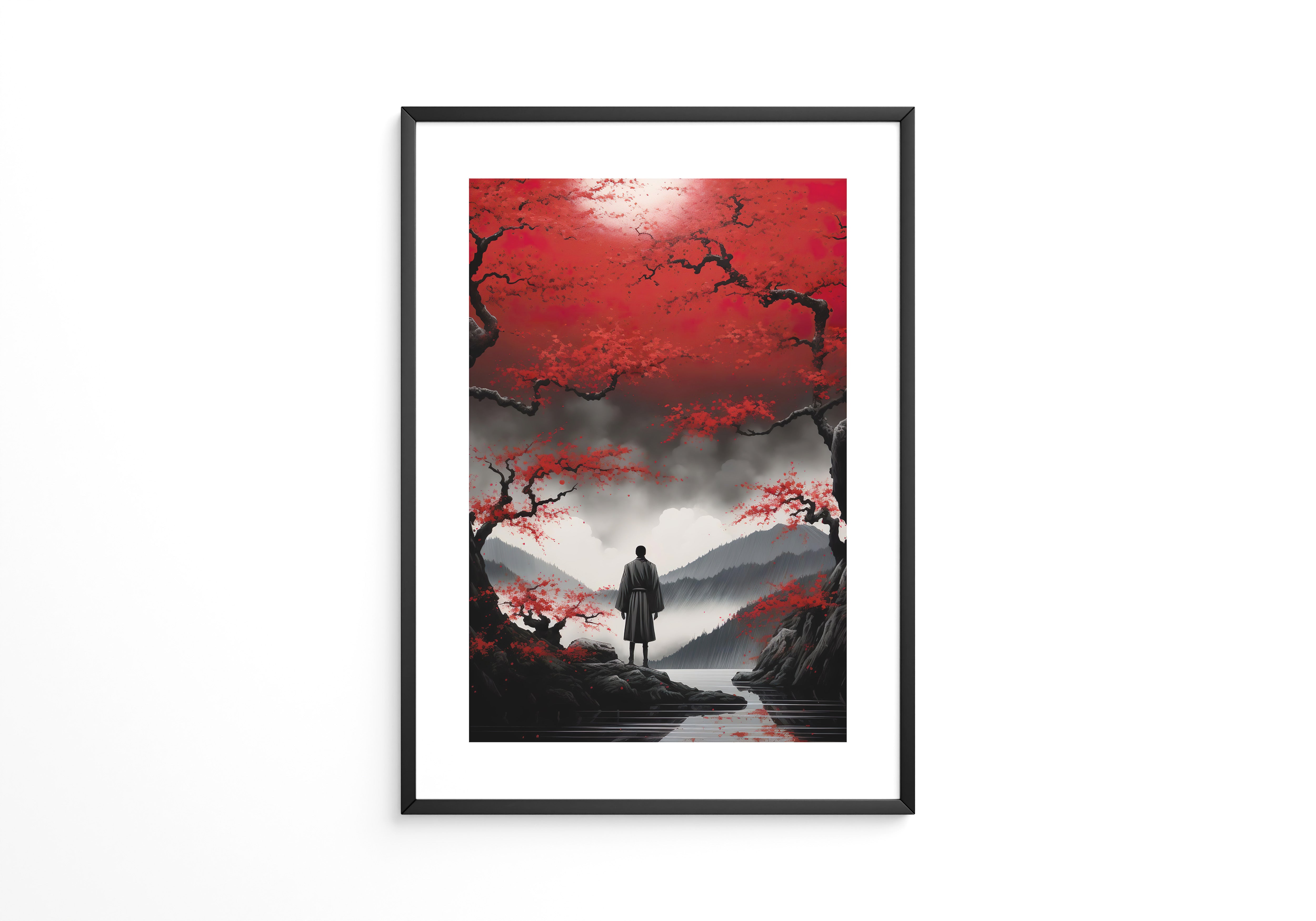 Rote Kirschblüten düsterer Nebel