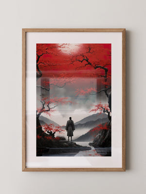 Rote Kirschblüten düsterer Nebel