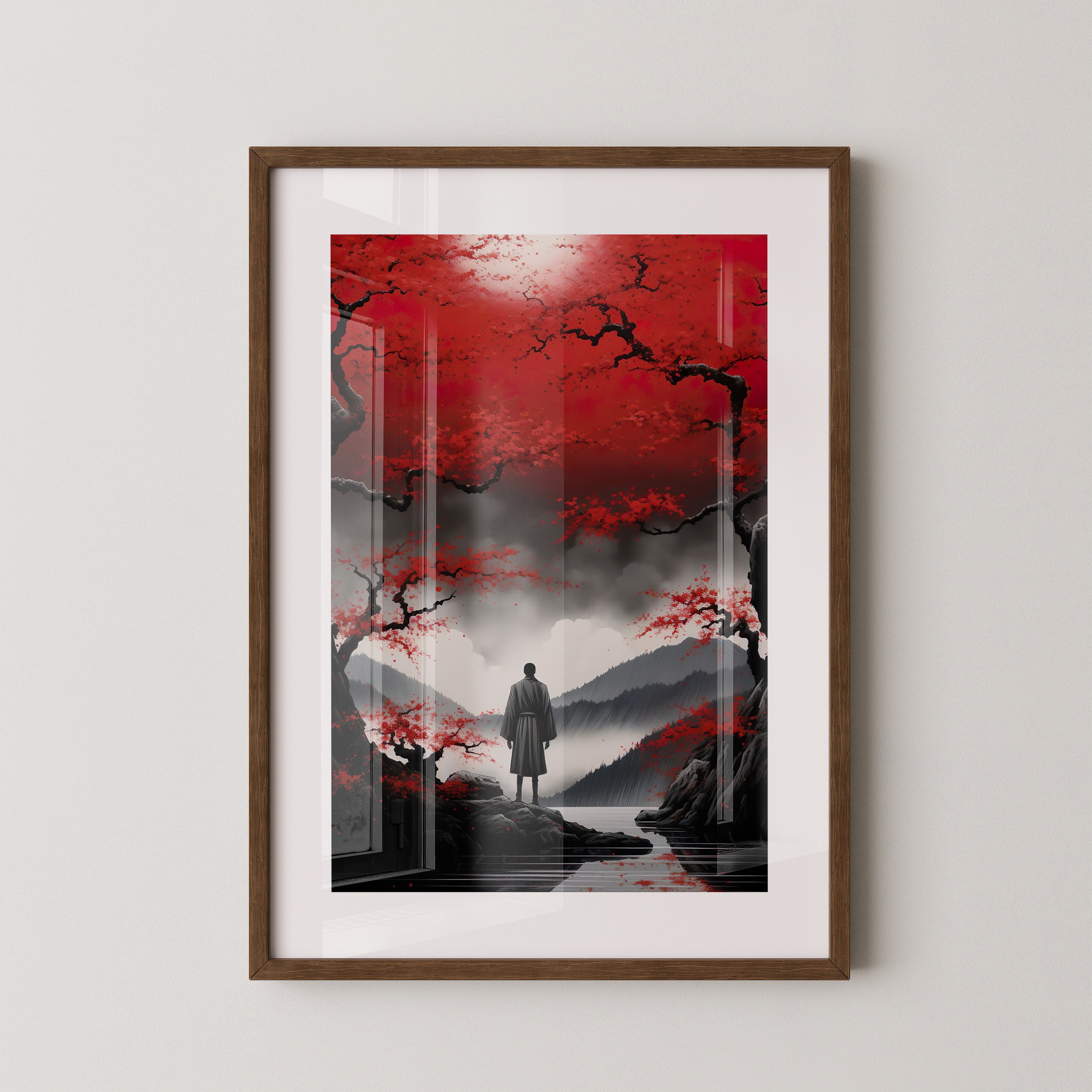 Rote Kirschblüten düsterer Nebel