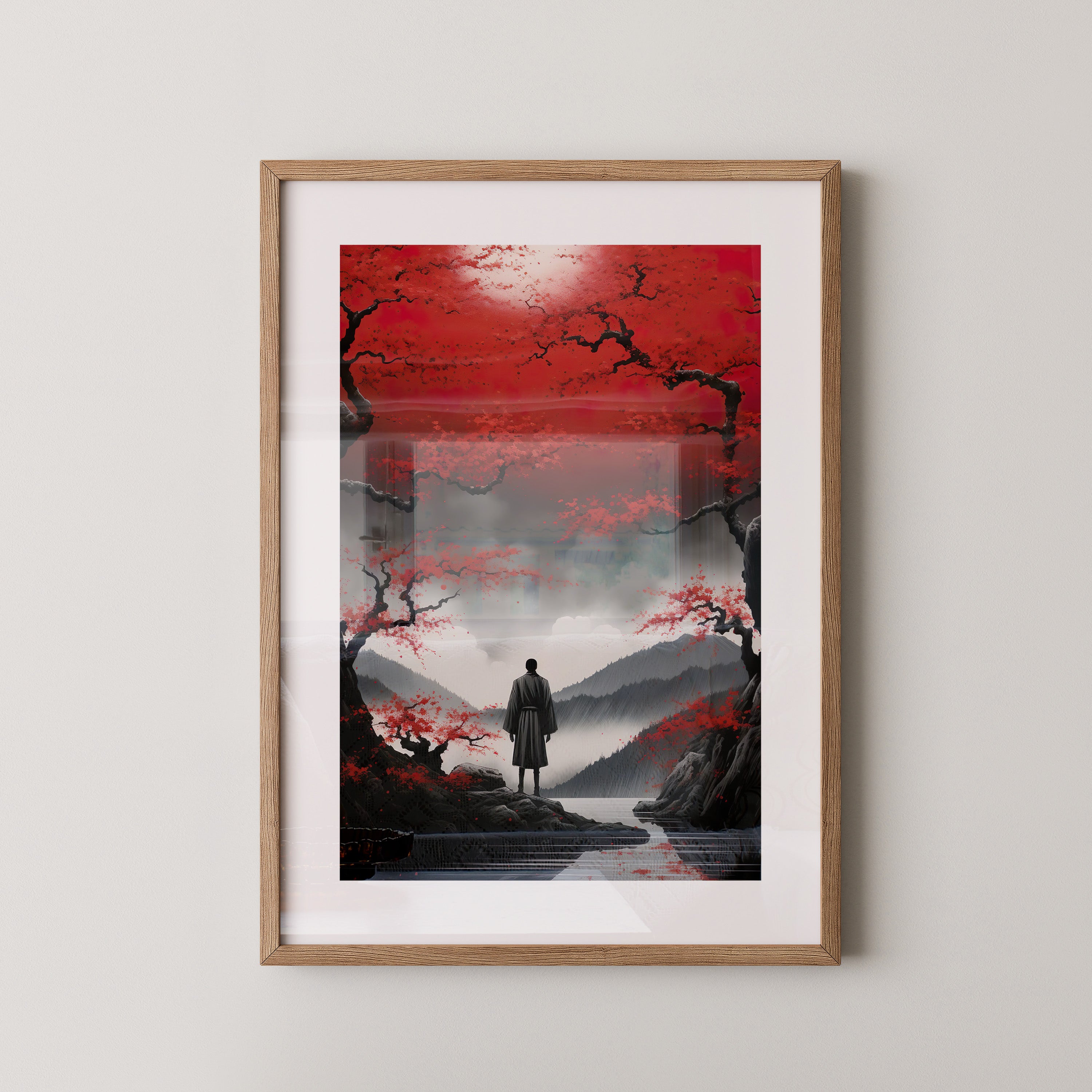 Rote Kirschblüten düsterer Nebel