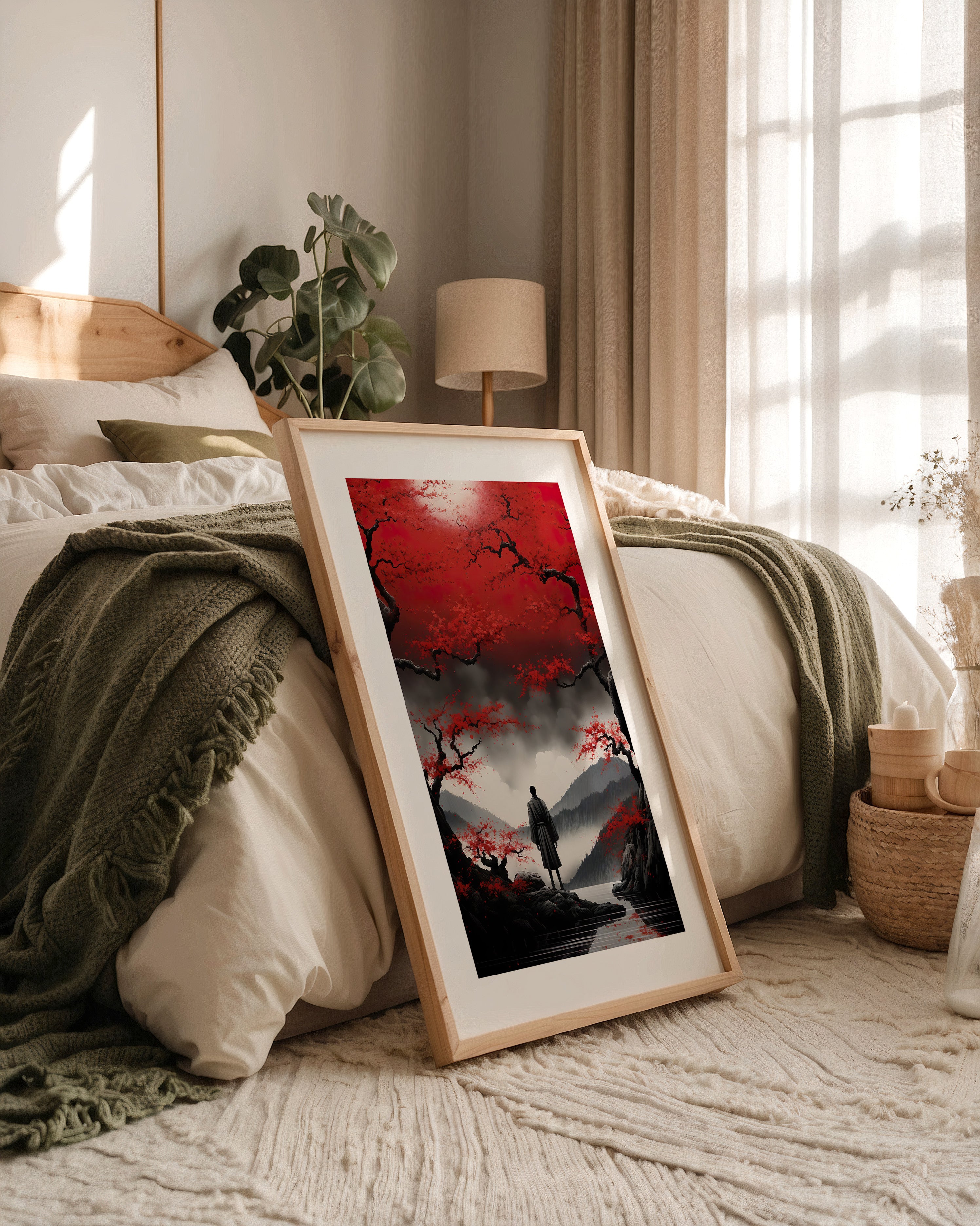 Rote Kirschblüten düsterer Nebel