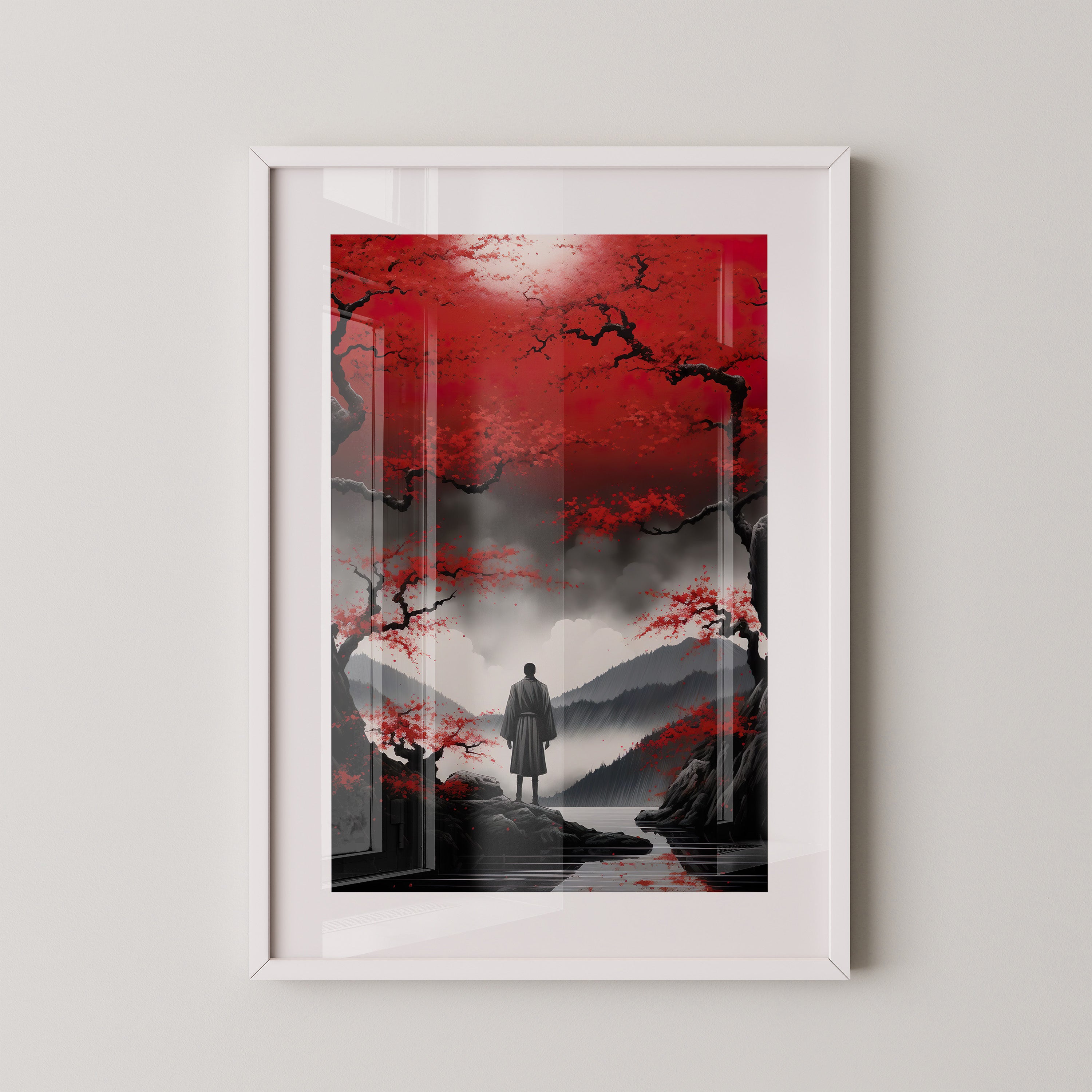 Rote Kirschblüten düsterer Nebel