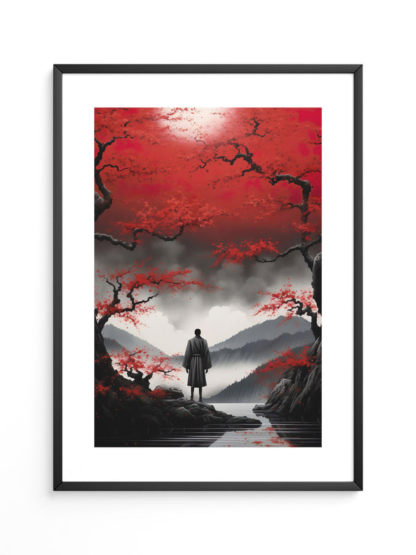 Rote Kirschblüten düsterer Nebel