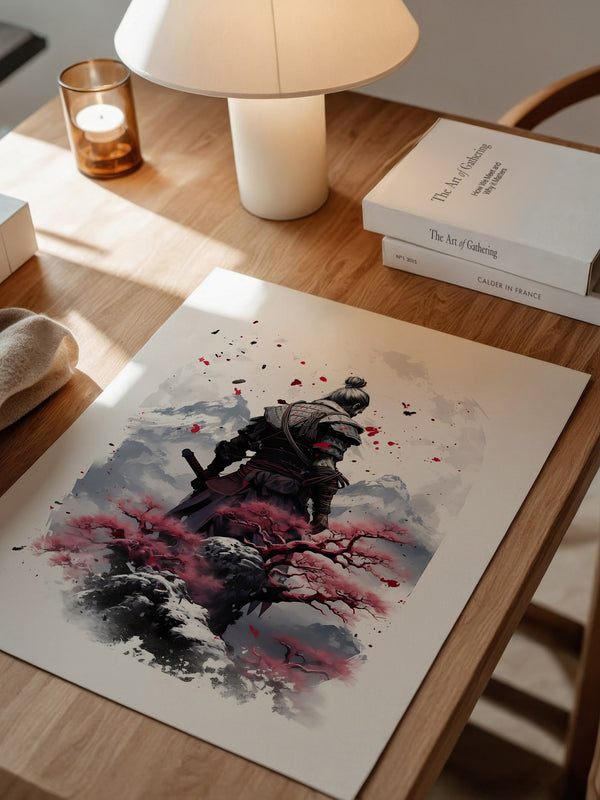 Samurai mit Kirschblüten Aquarell
