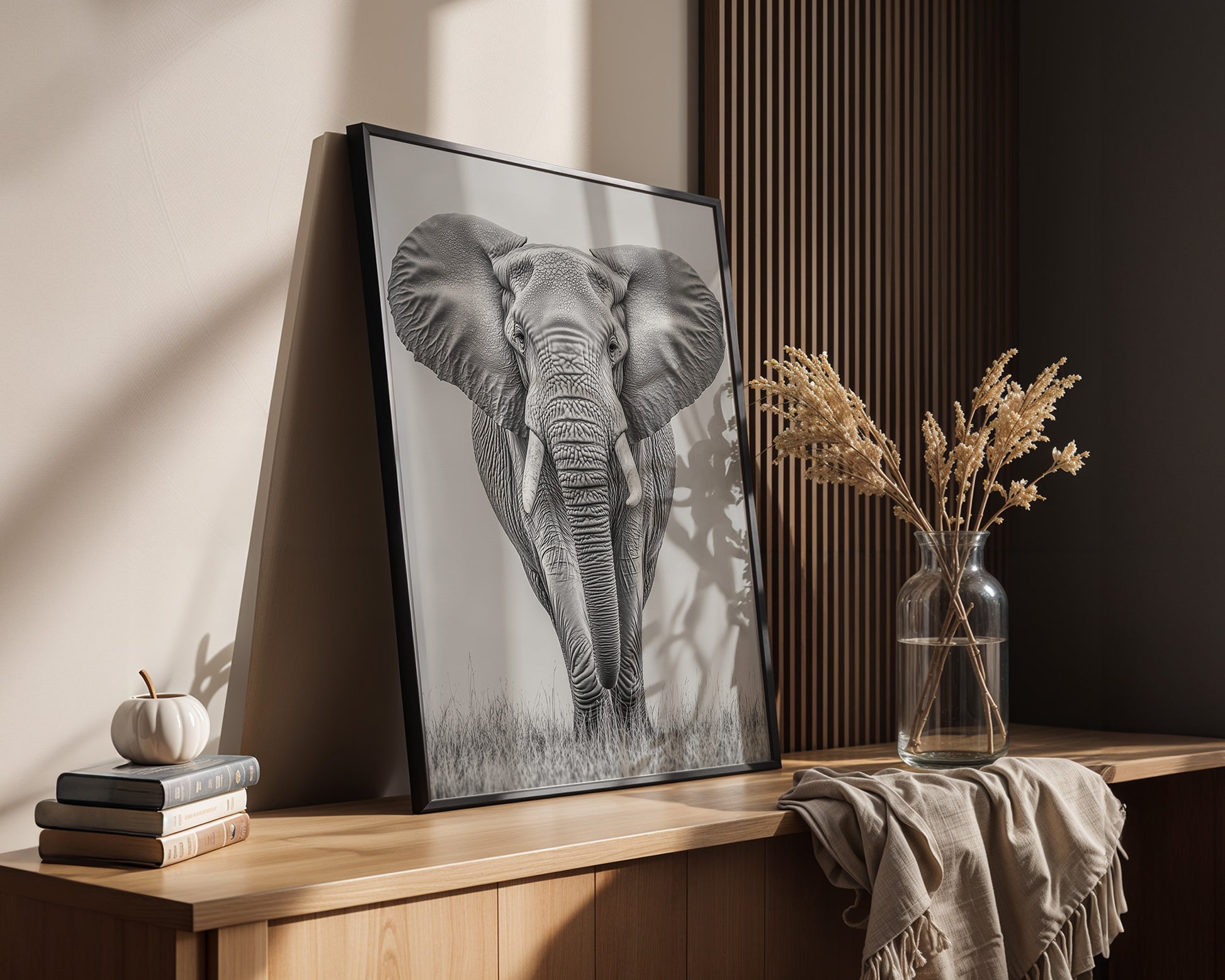 Elefant Frontalansicht schwarz-weiß