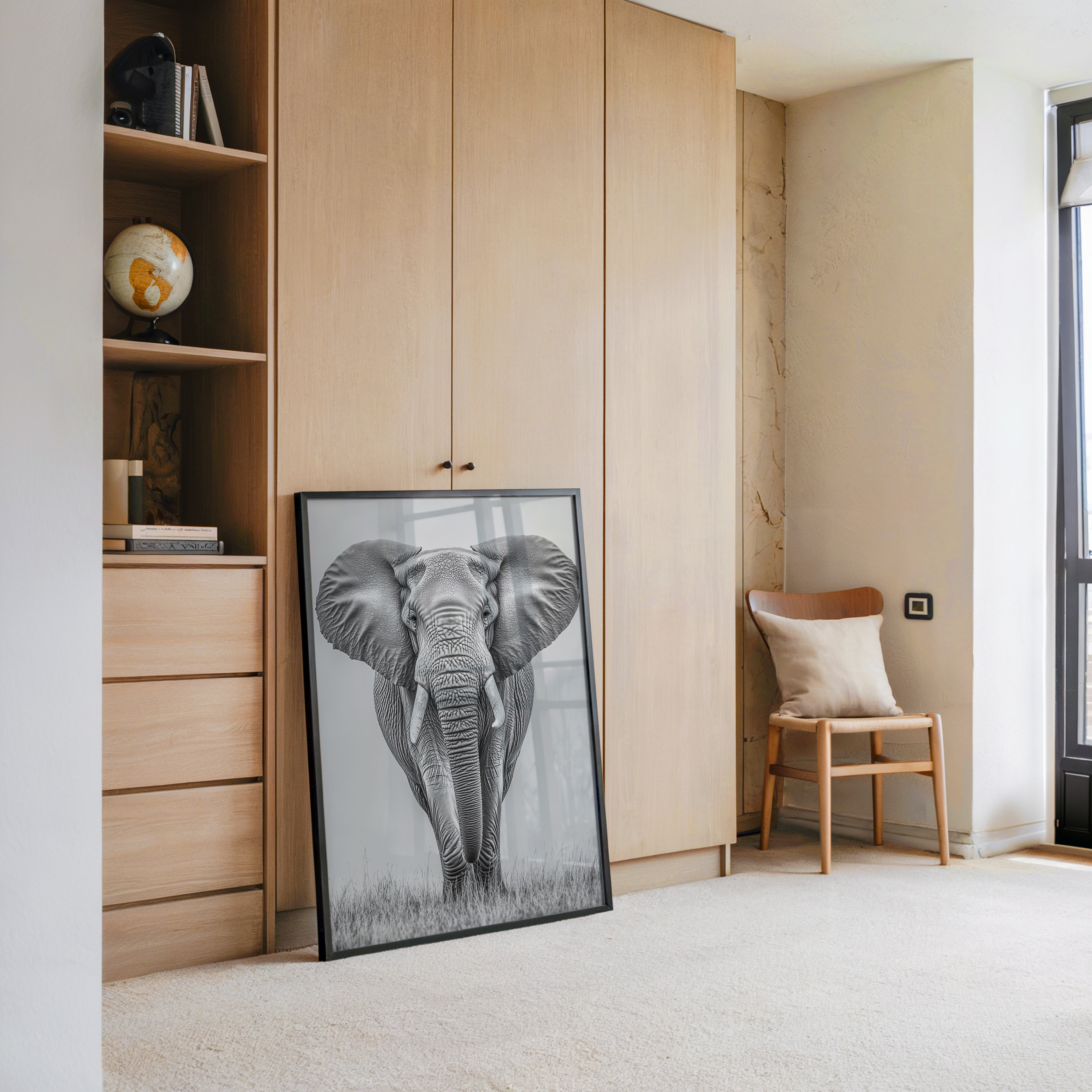 Elefant Frontalansicht schwarz-weiß