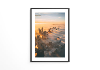 Hochhäuser Nebel Sonnenaufgang