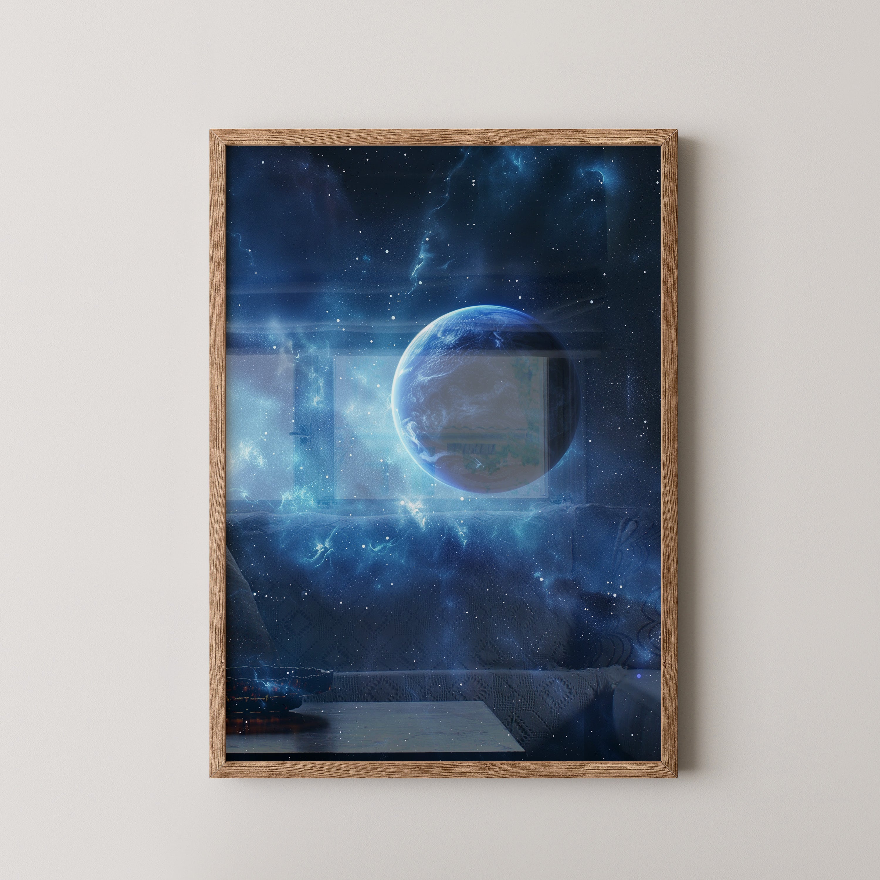 Blauer Planet im leuchtenden Universum