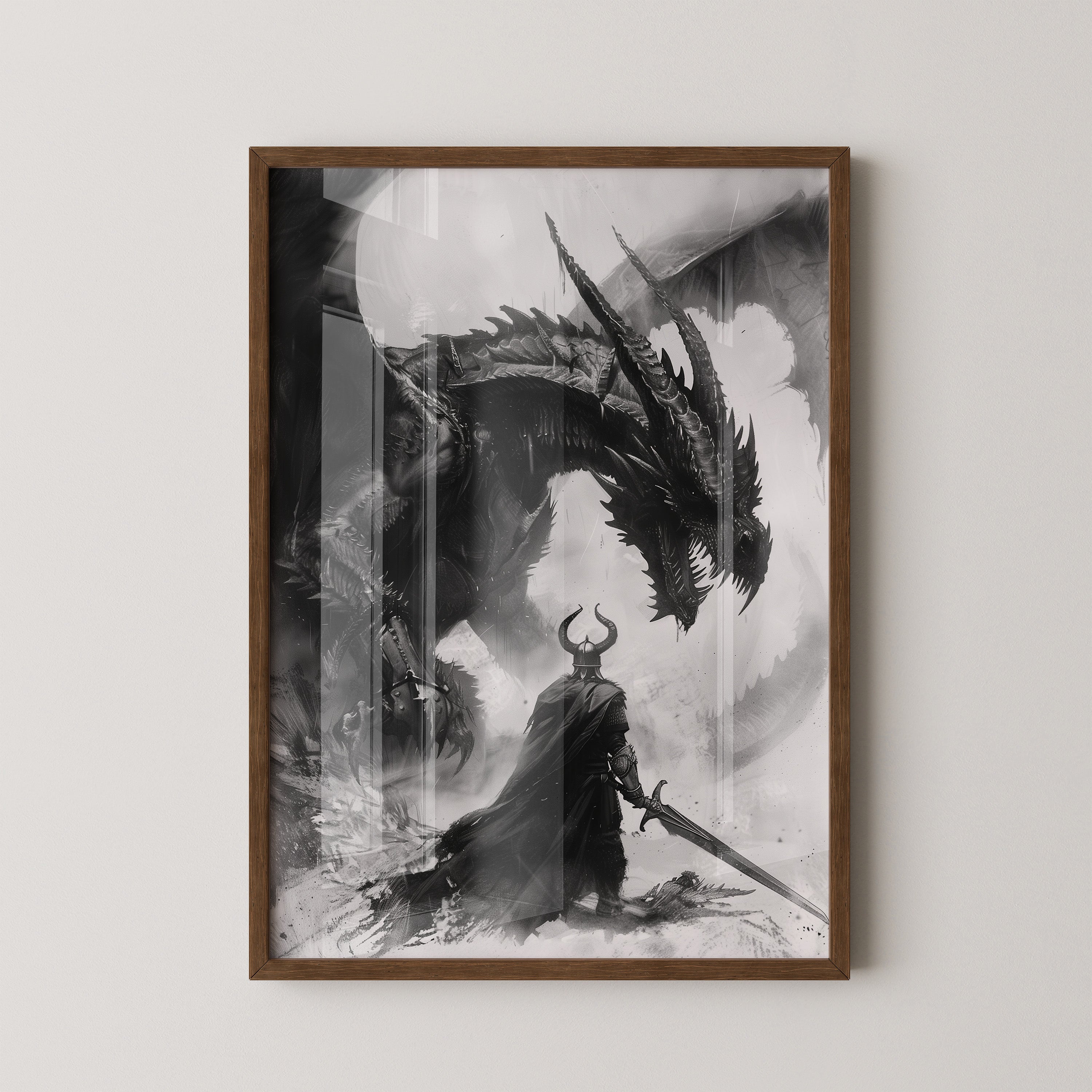 Drachenkampf Krieger Schwarz-Weiß