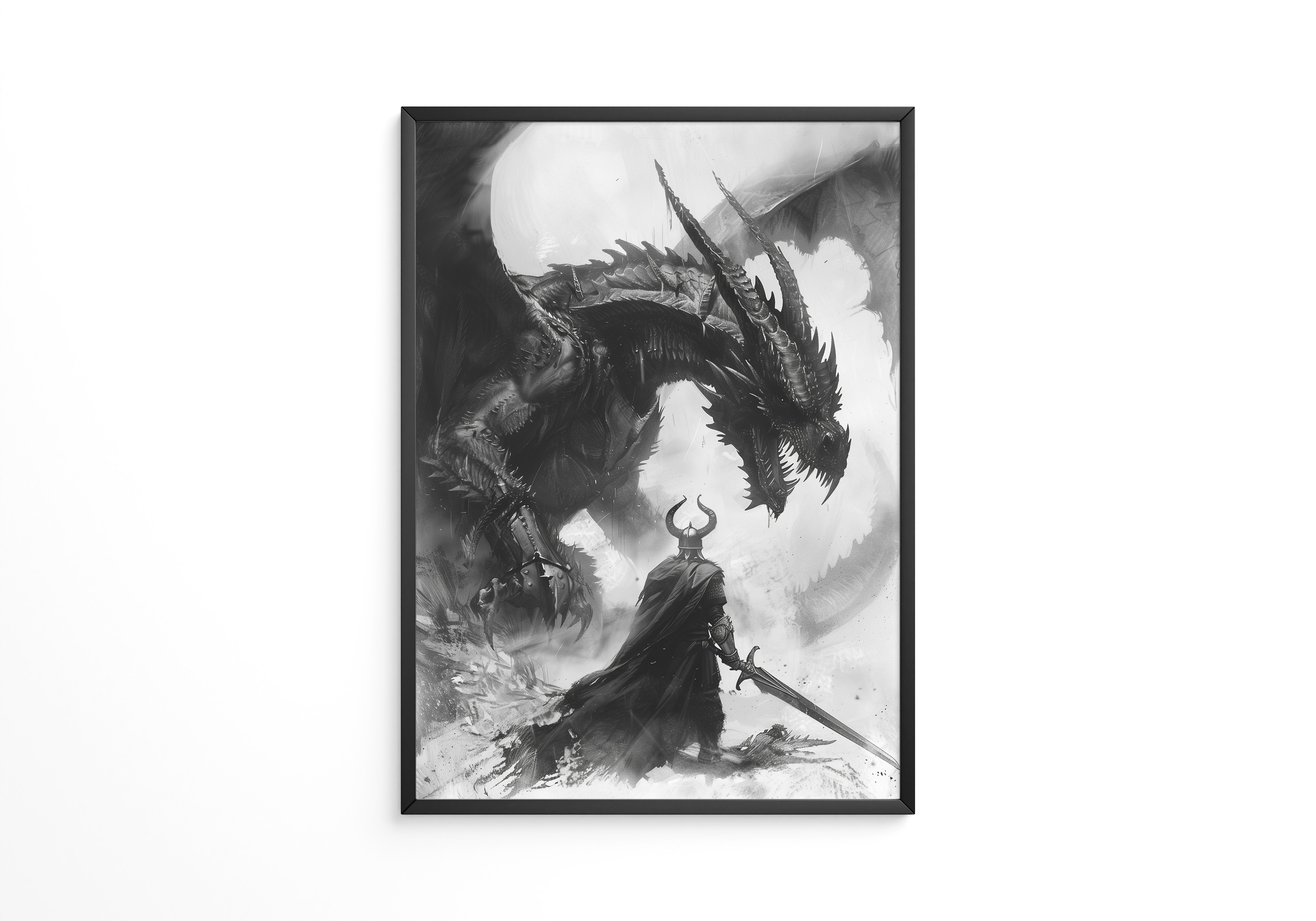 Drachenkampf Krieger Schwarz-Weiß