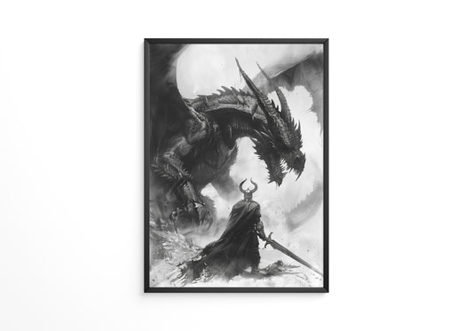 Drachenkampf Krieger Schwarz-Weiß