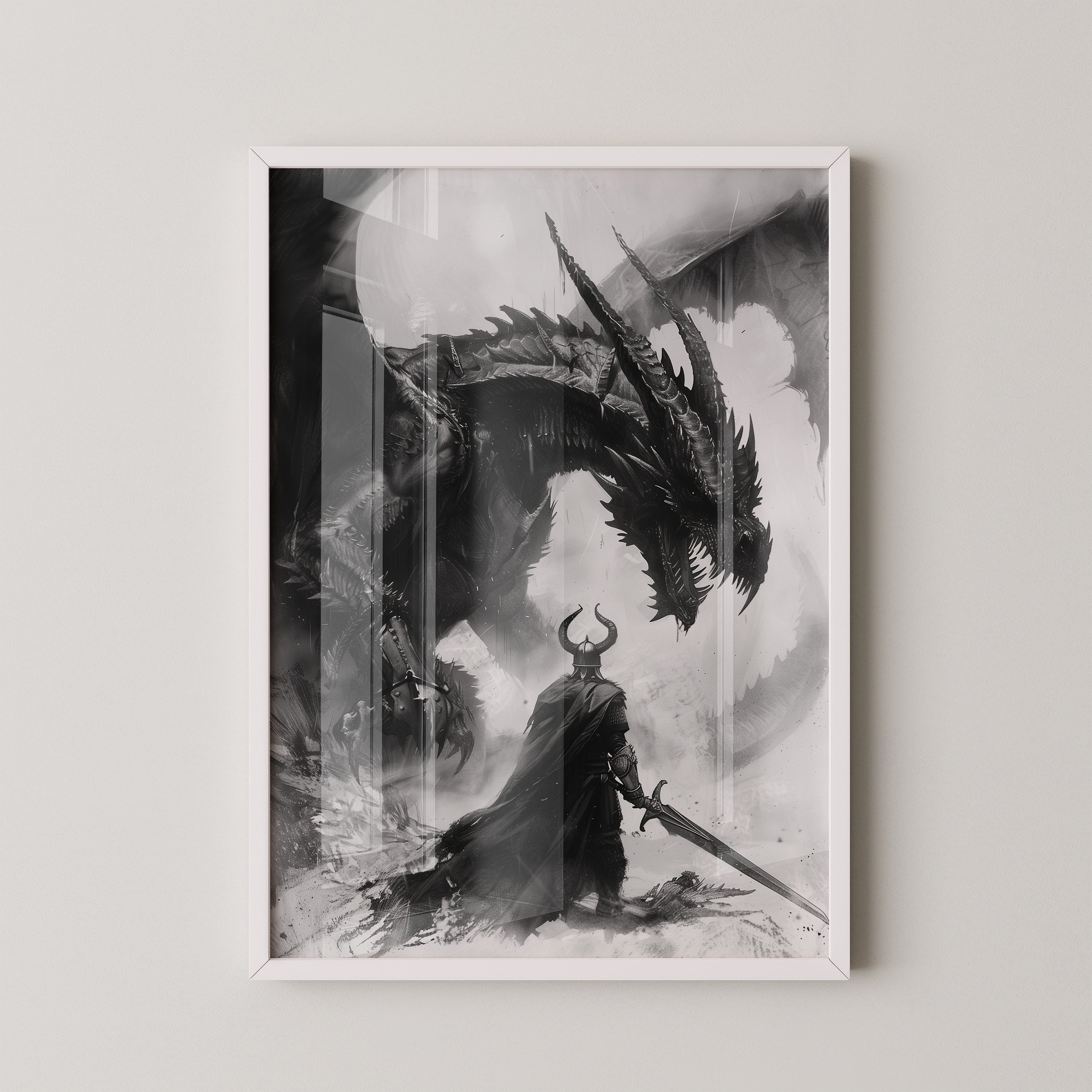 Drachenkampf Krieger Schwarz-Weiß