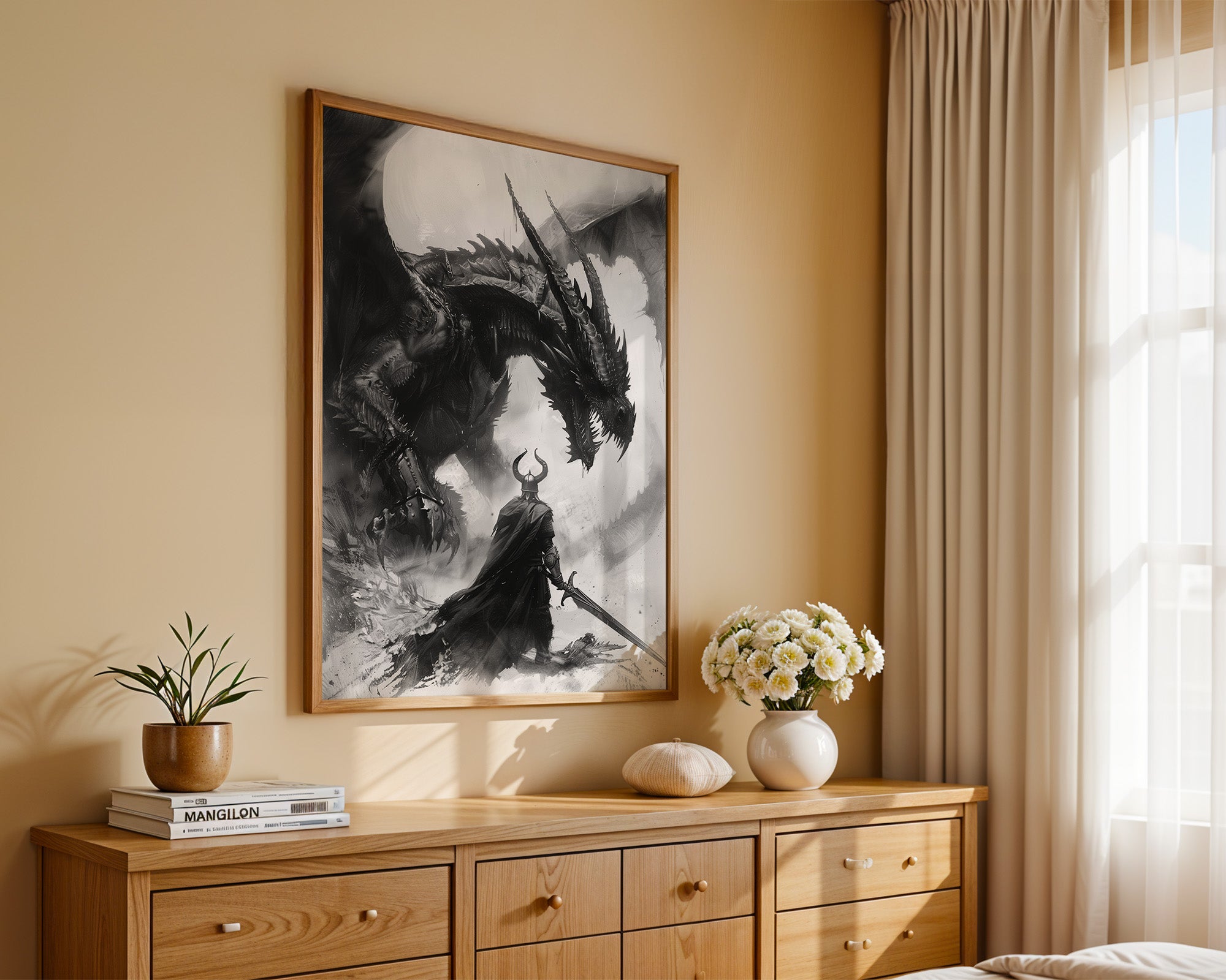 Drachenkampf Krieger Schwarz-Weiß