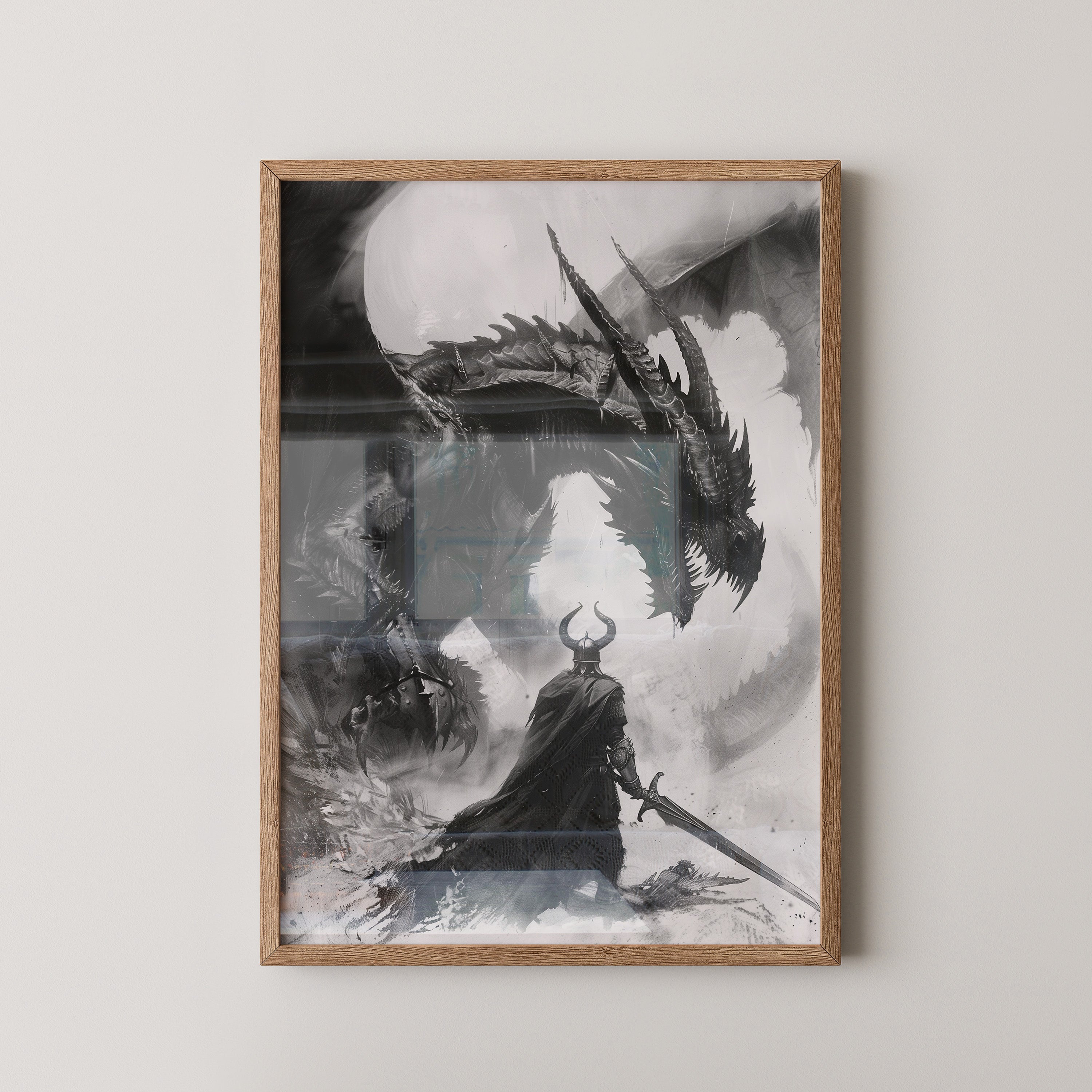 Drachenkampf Krieger Schwarz-Weiß