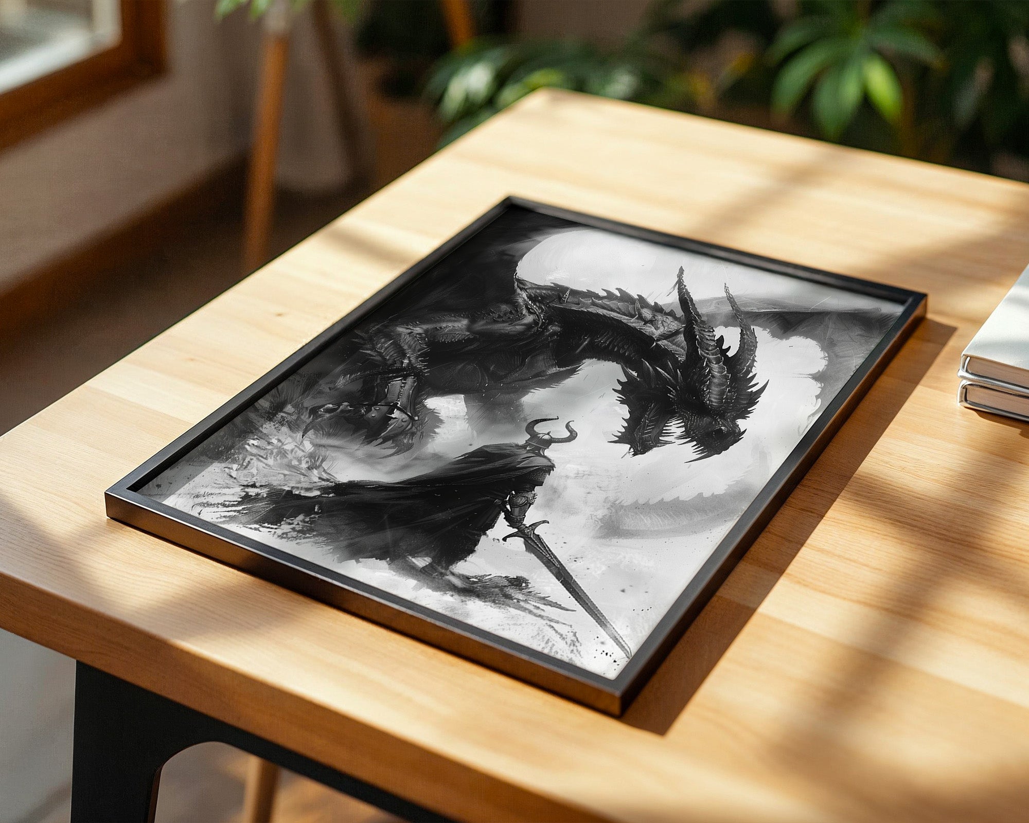 Drachenkampf Krieger Schwarz-Weiß