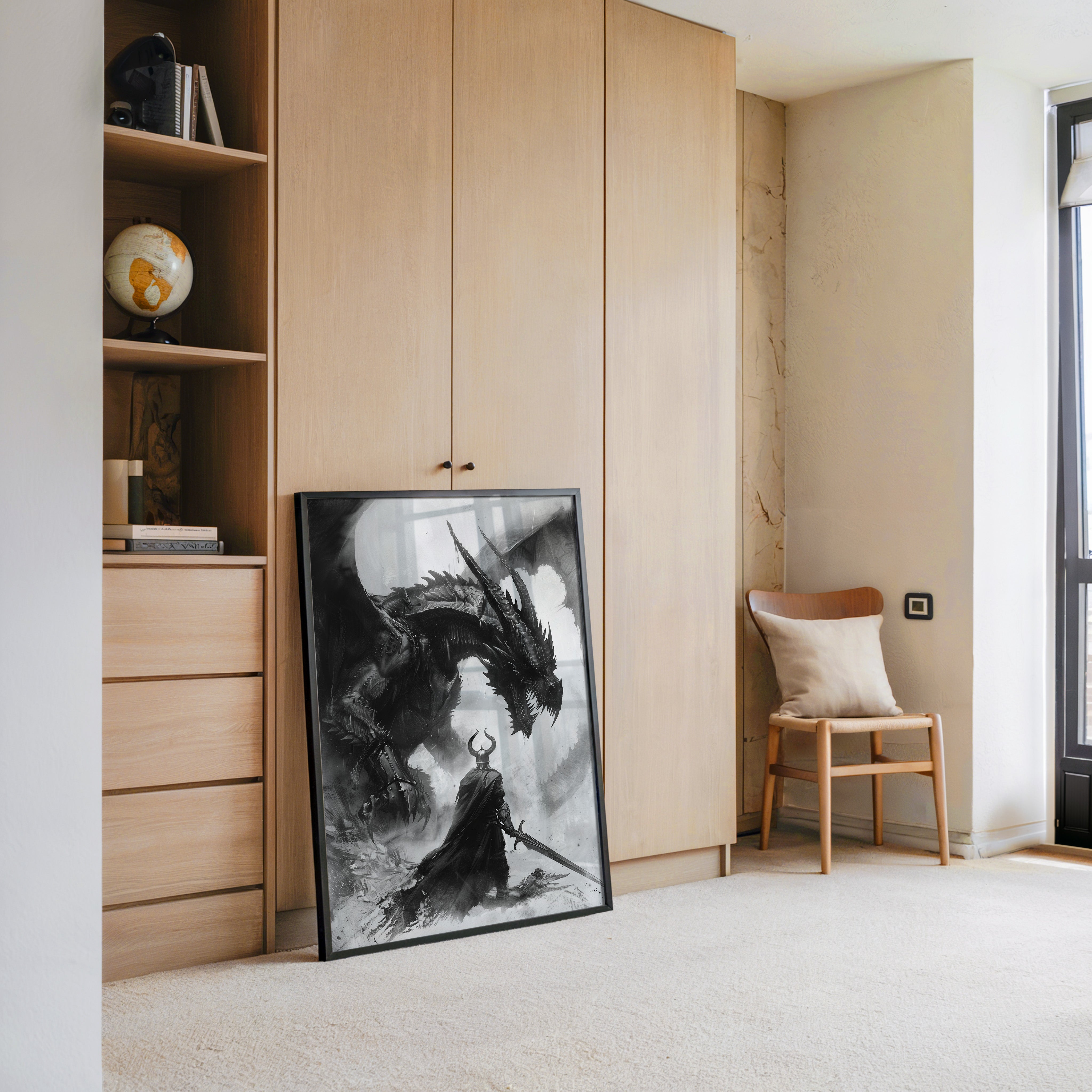 Drachenkampf Krieger Schwarz-Weiß