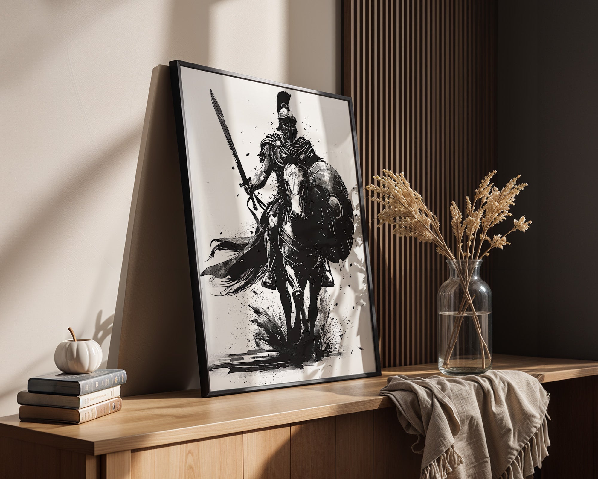Krieger auf Pferd schwarz-weiß