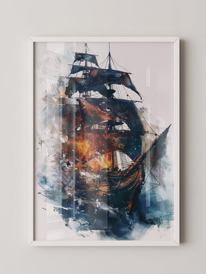 Segelschiff Flammen Aquarell