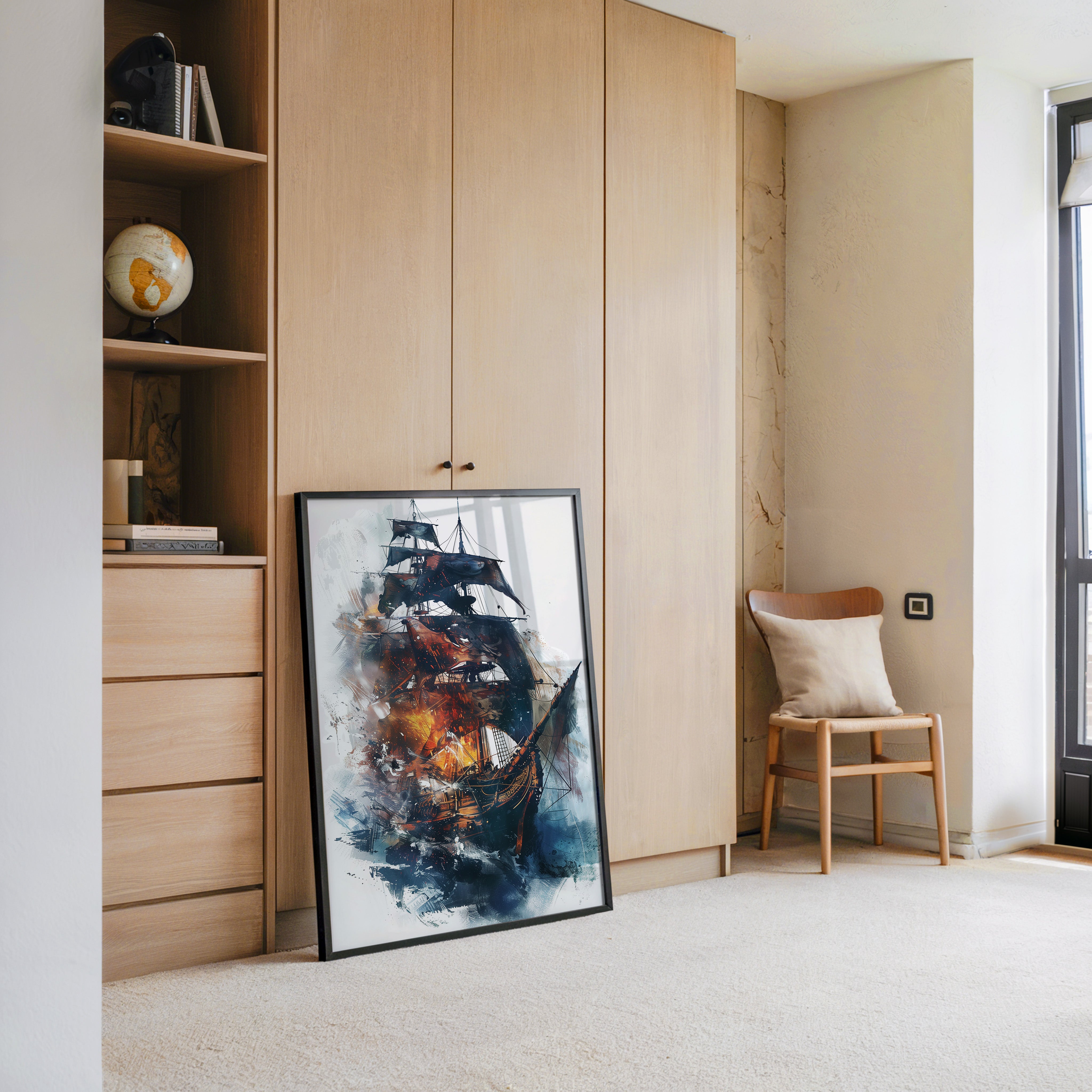 Segelschiff Flammen Aquarell