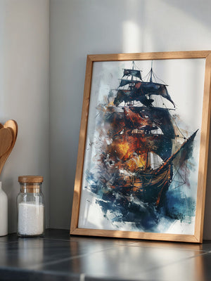 Segelschiff Flammen Aquarell