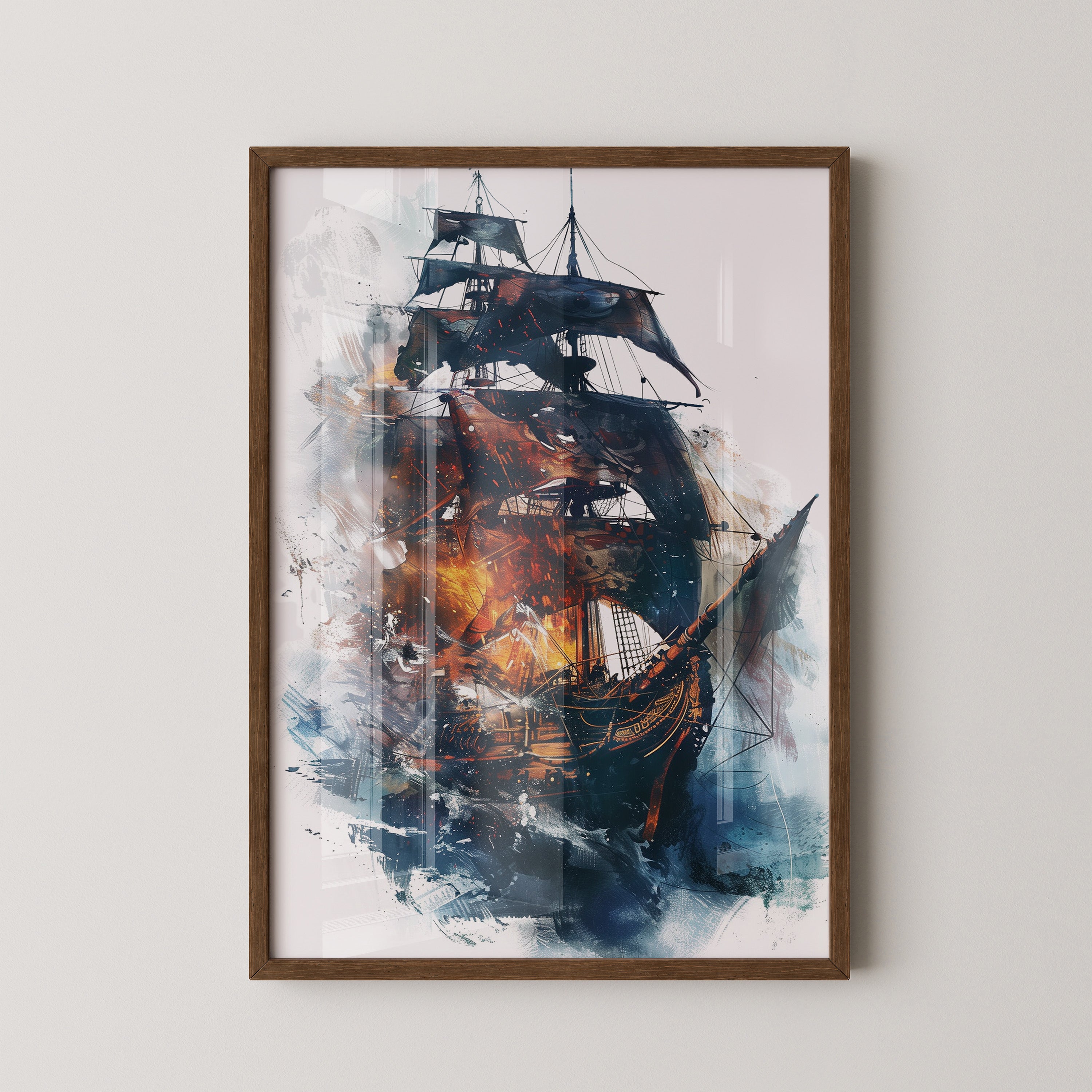 Segelschiff Flammen Aquarell