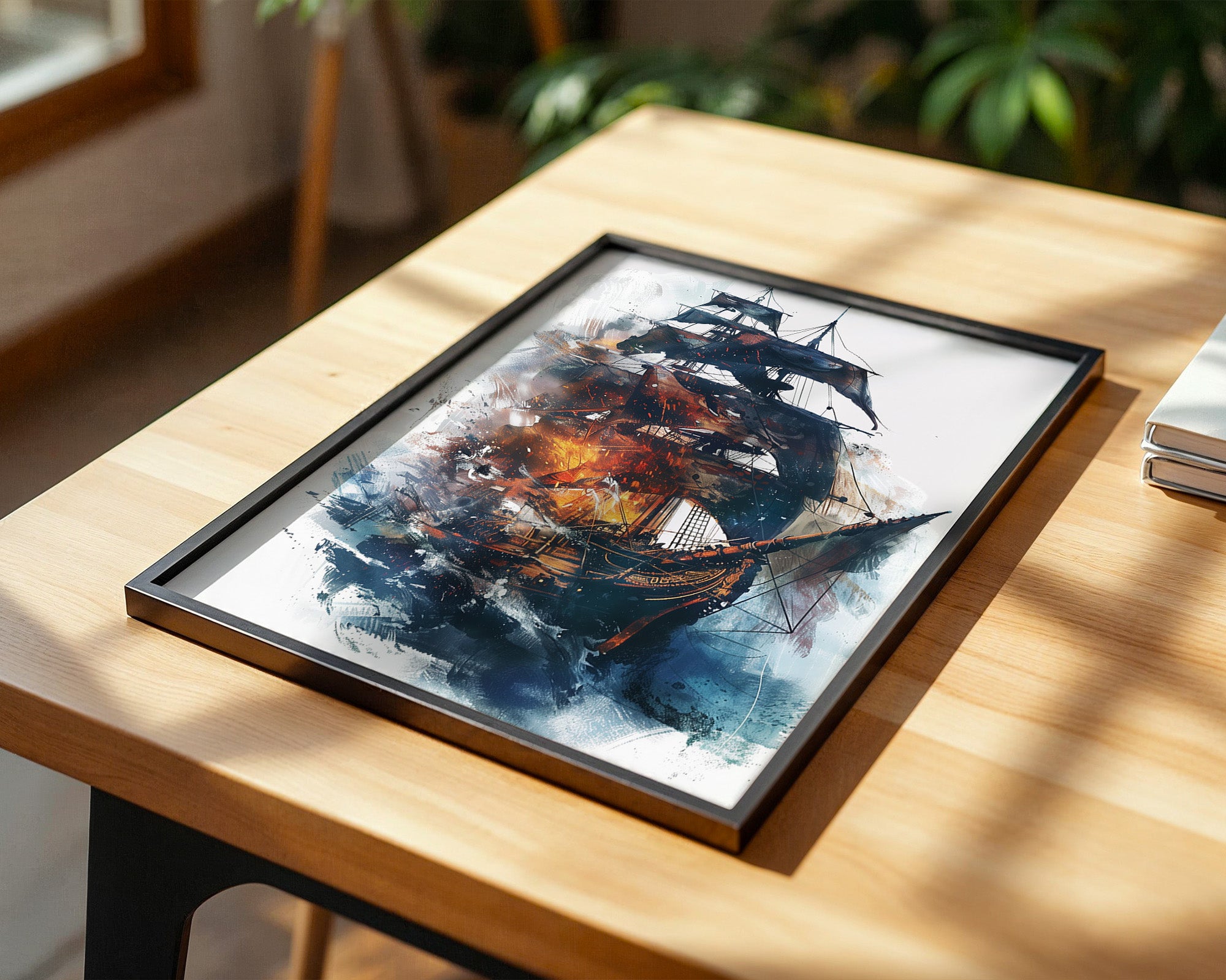 Segelschiff Flammen Aquarell