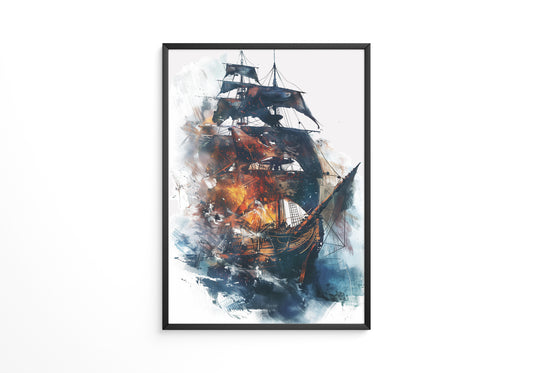 Segelschiff Flammen Aquarell