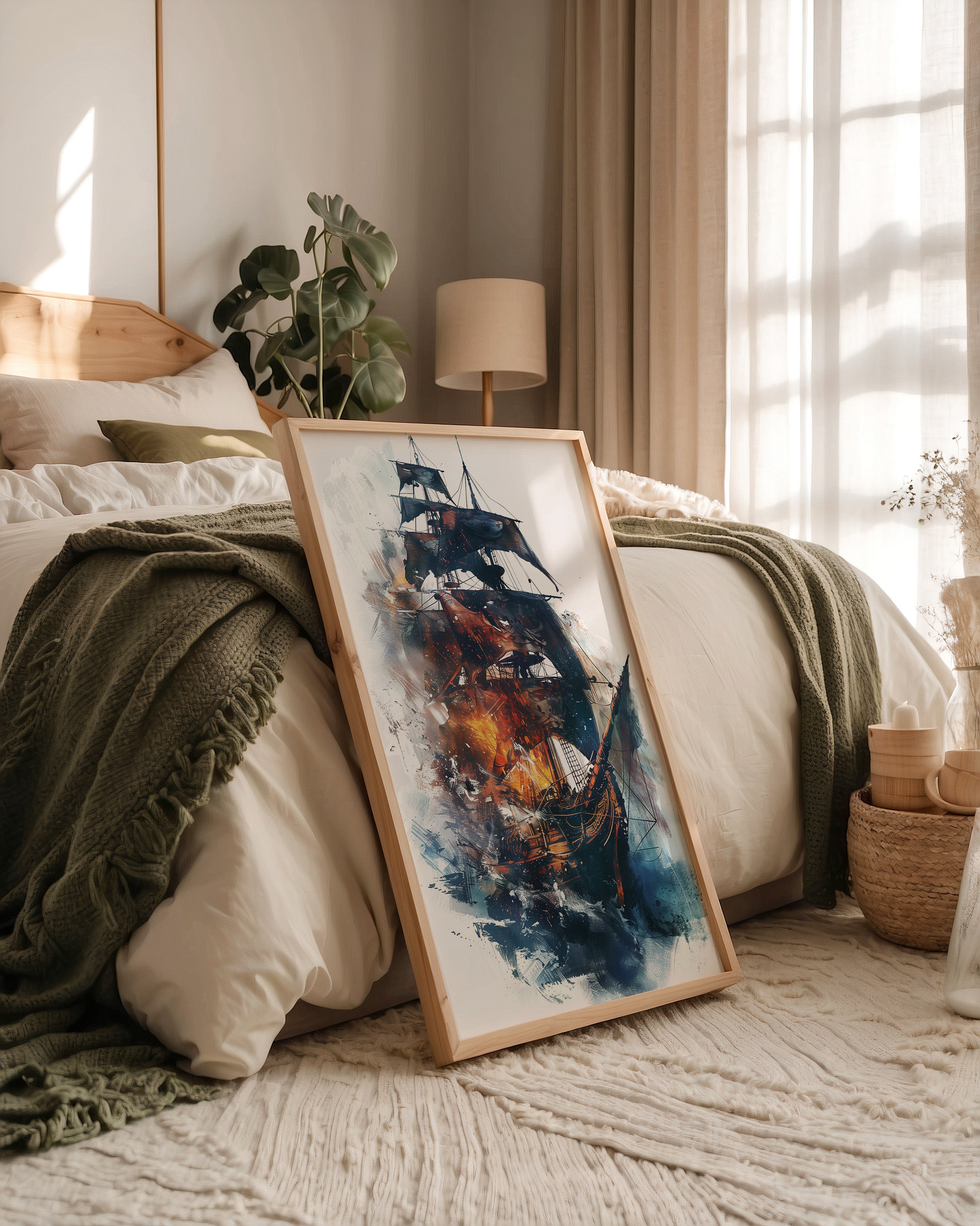 Segelschiff Flammen Aquarell