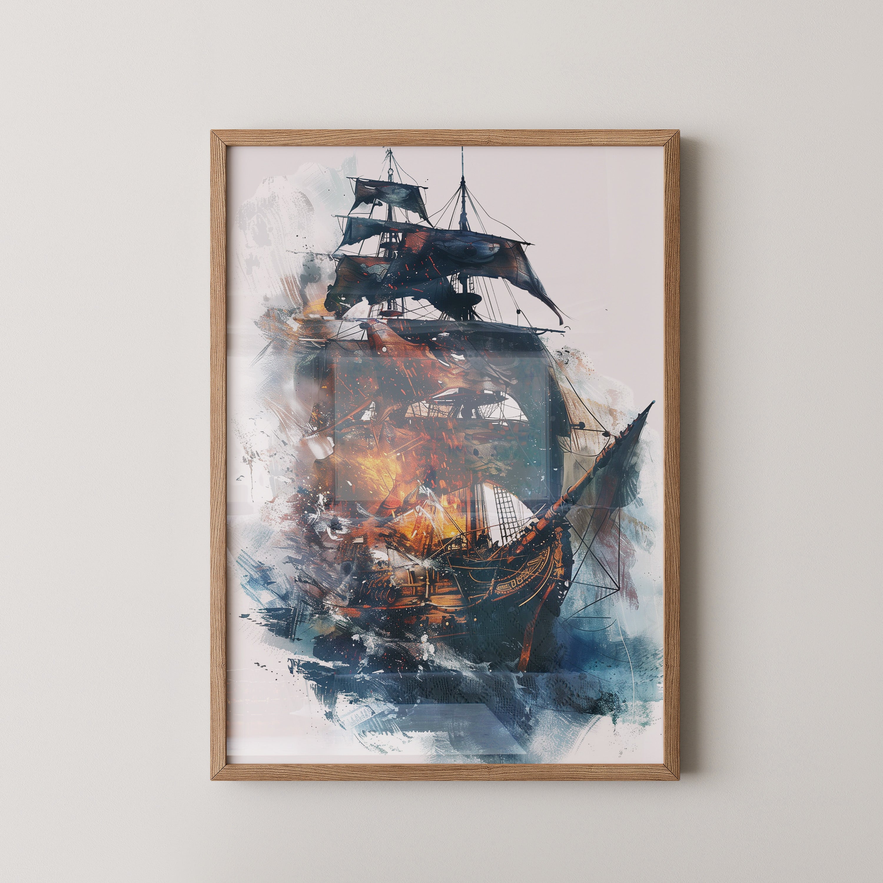 Segelschiff Flammen Aquarell