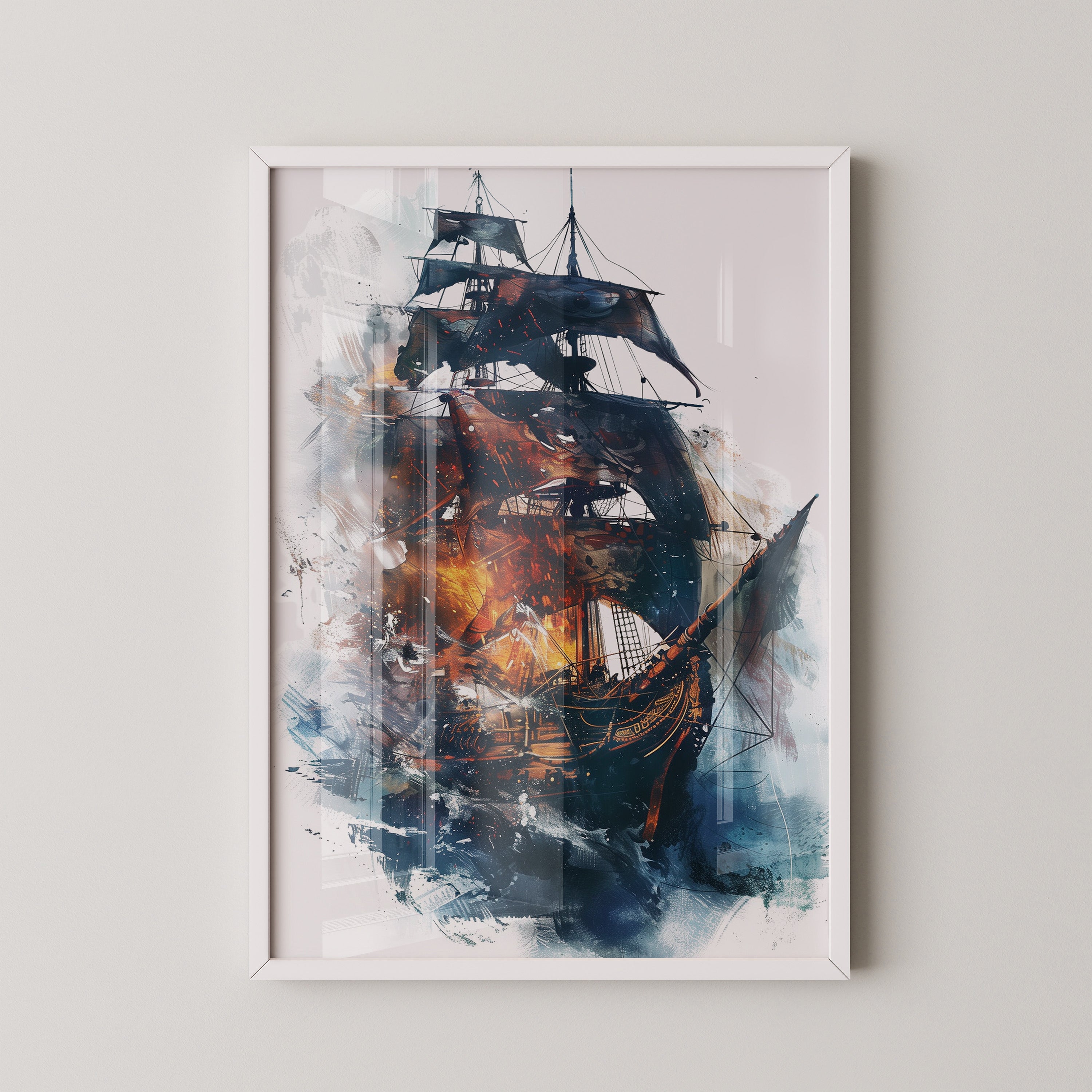 Segelschiff Flammen Aquarell