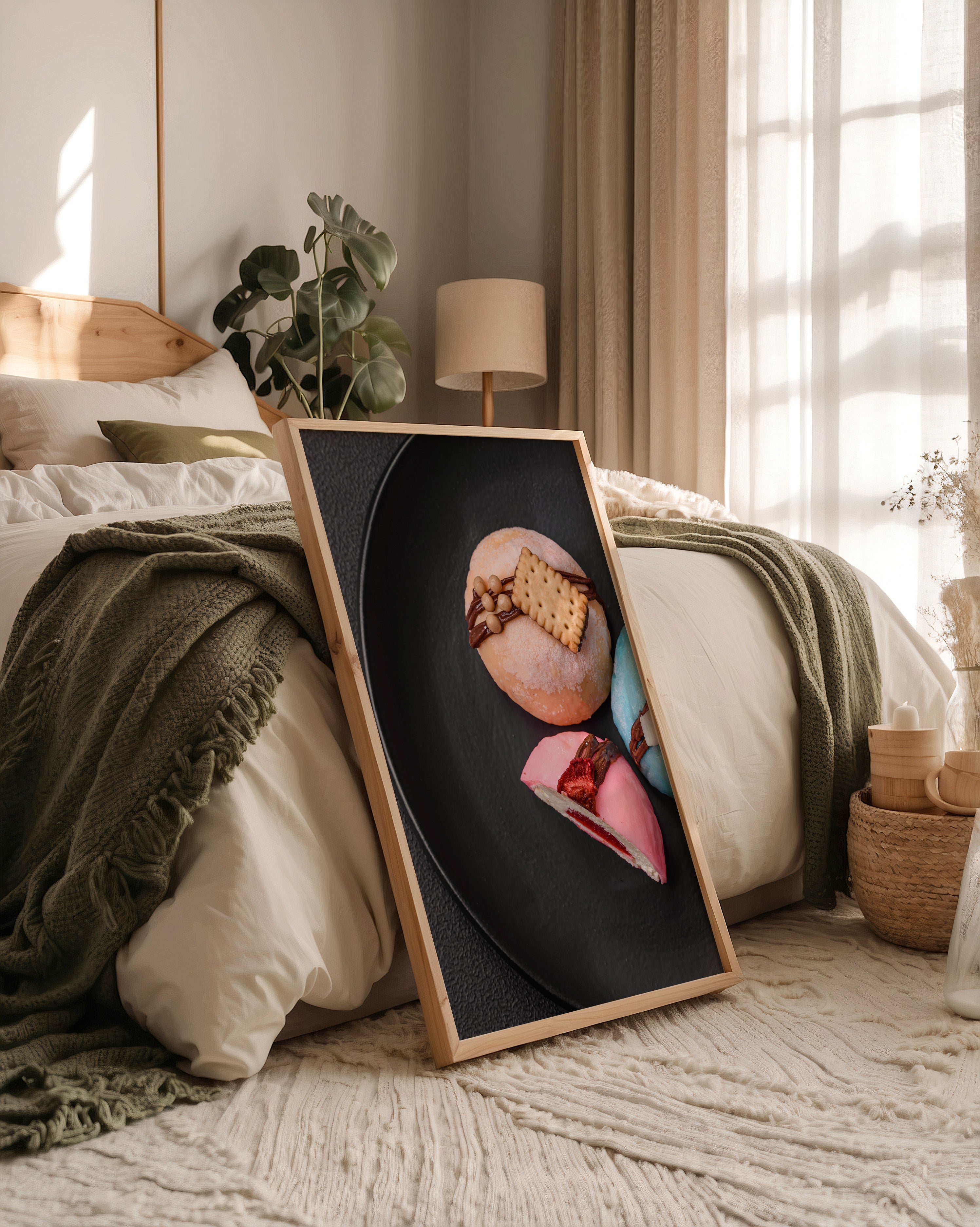 Bunte Desserts auf schwarzem Teller