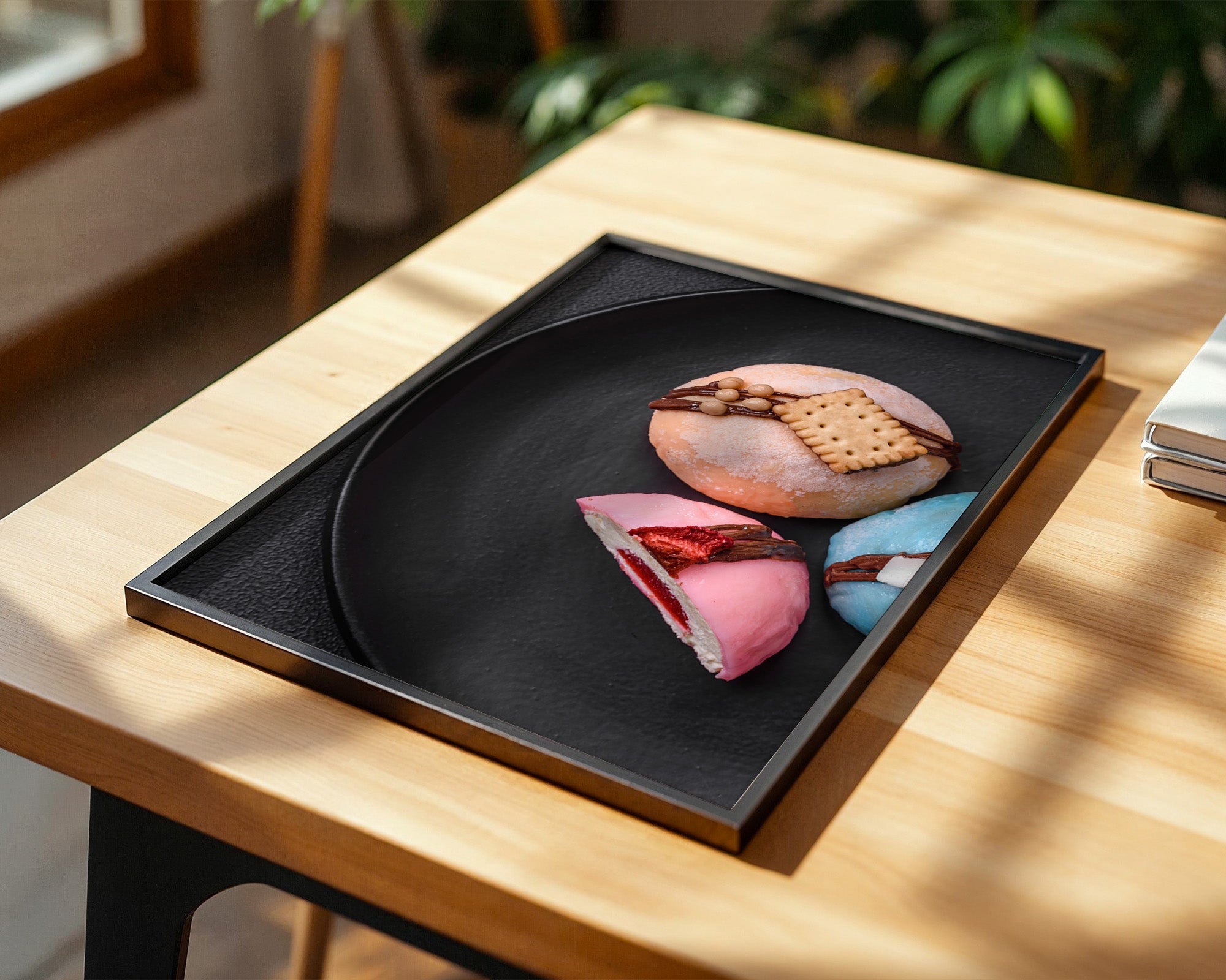 Bunte Desserts auf schwarzem Teller