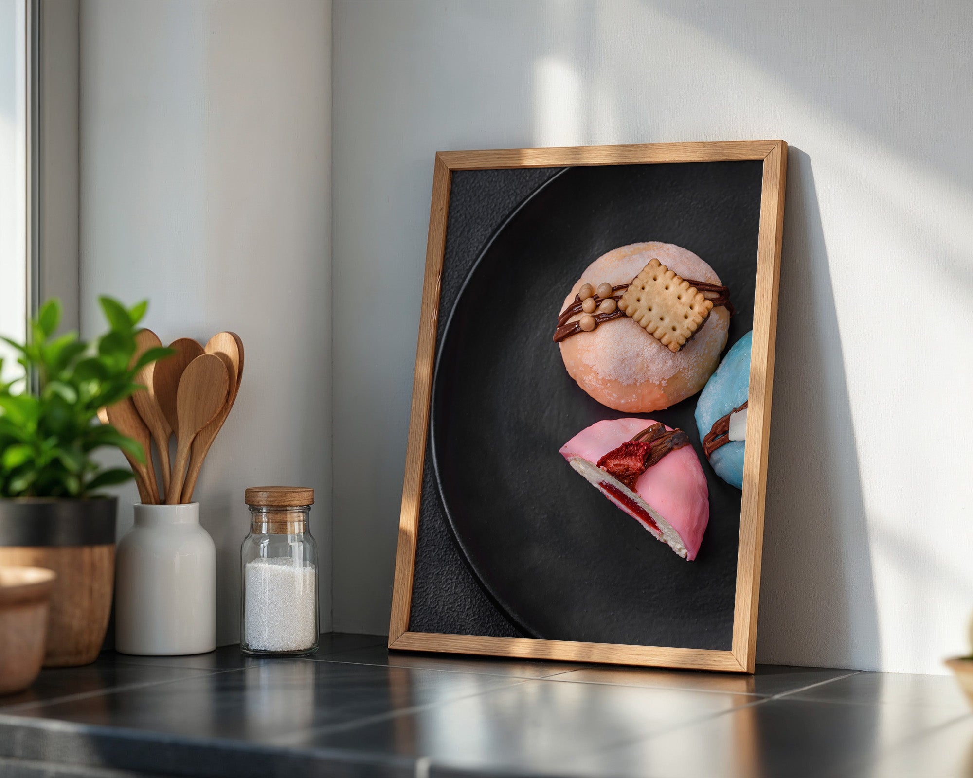 Bunte Desserts auf schwarzem Teller