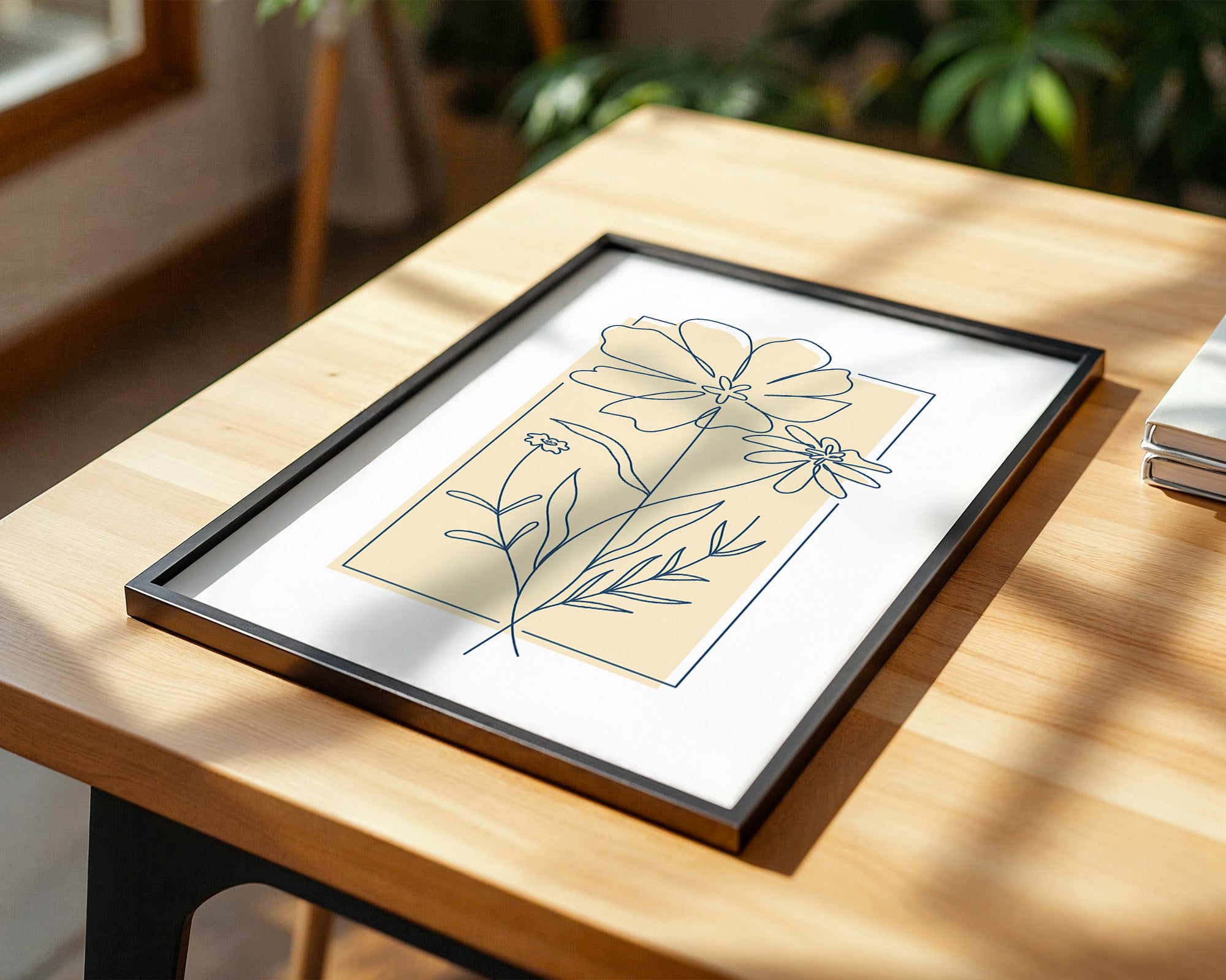 Einlinien Zeichnung Blumen Beige