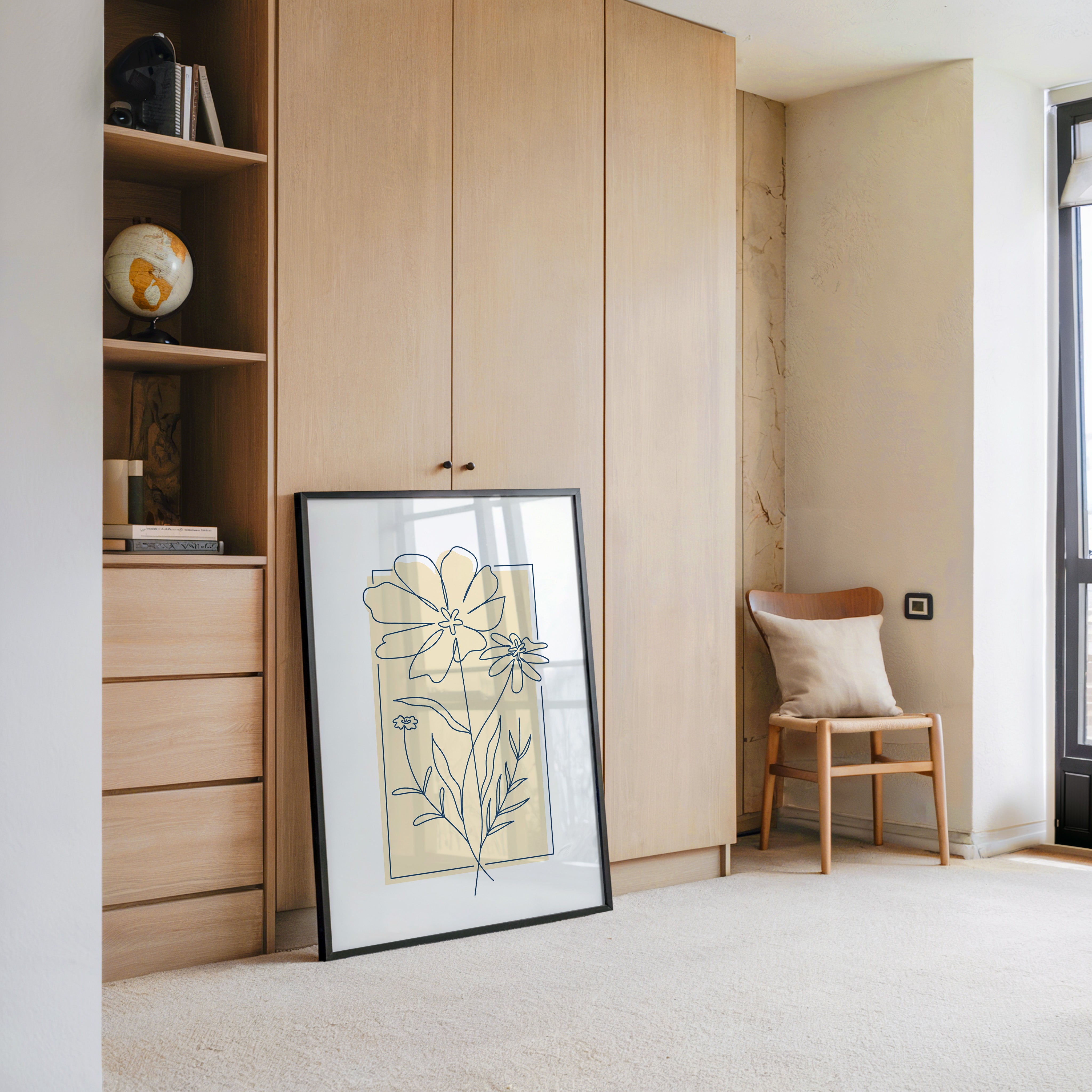 Einlinien Zeichnung Blumen Beige