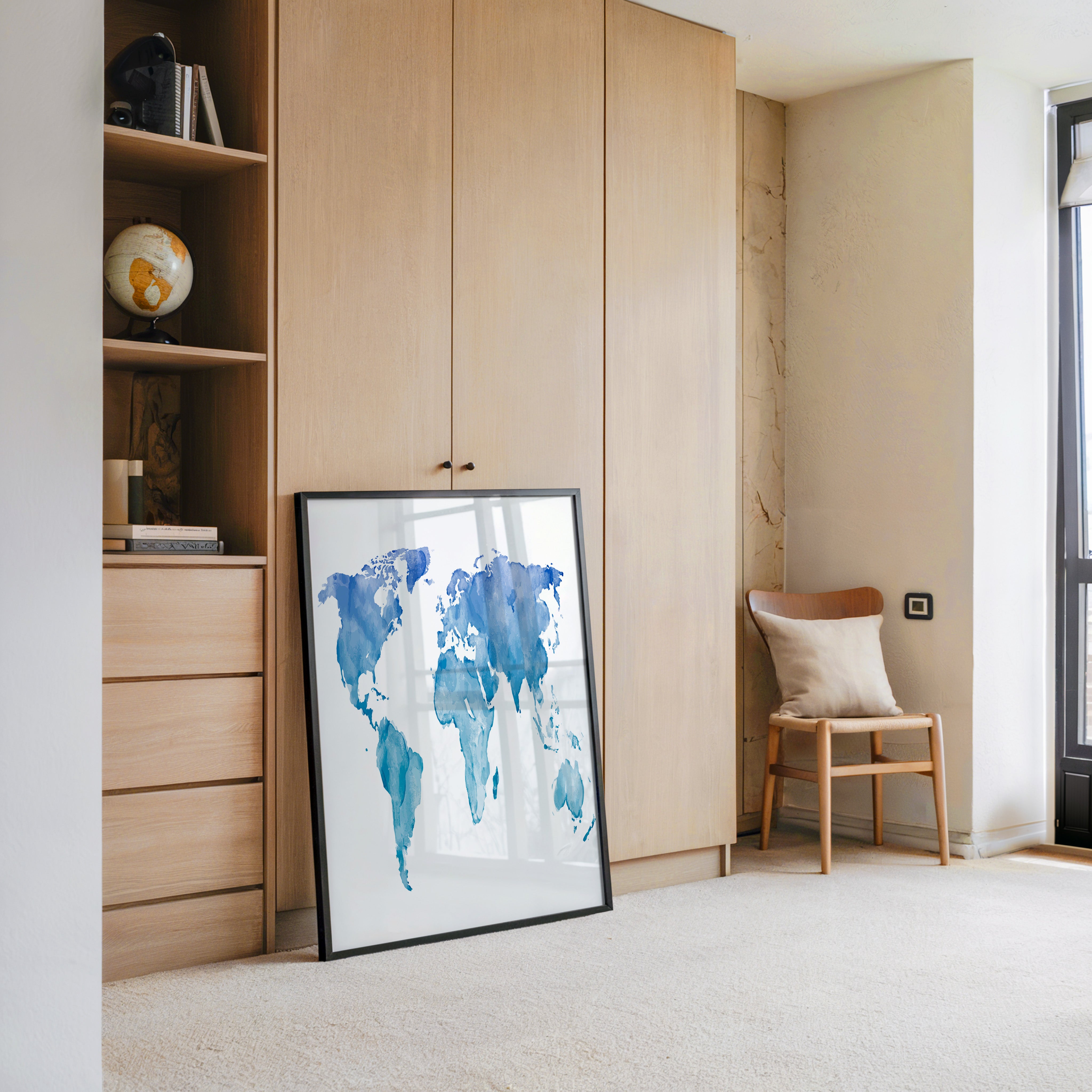 Weltkarte Aquarell Blau