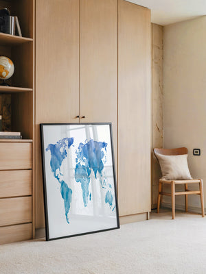 Weltkarte Aquarell Blau
