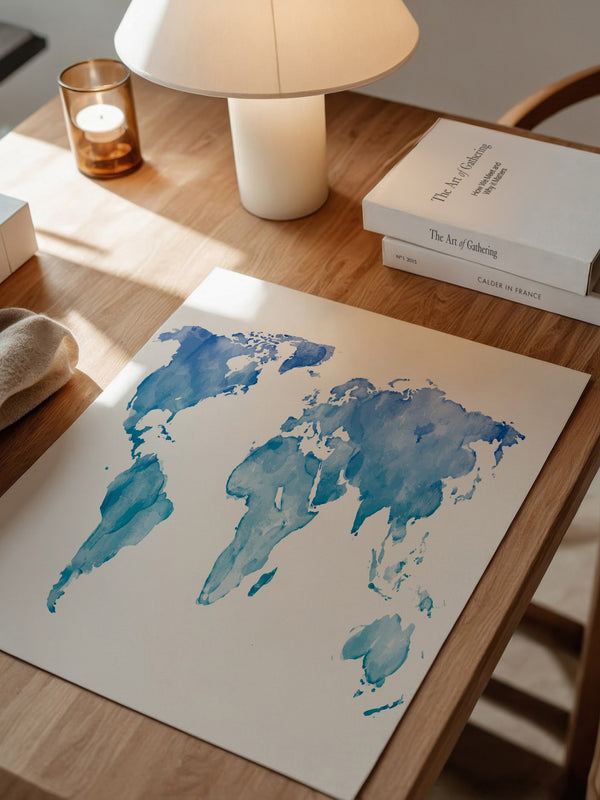 Weltkarte Aquarell Blau